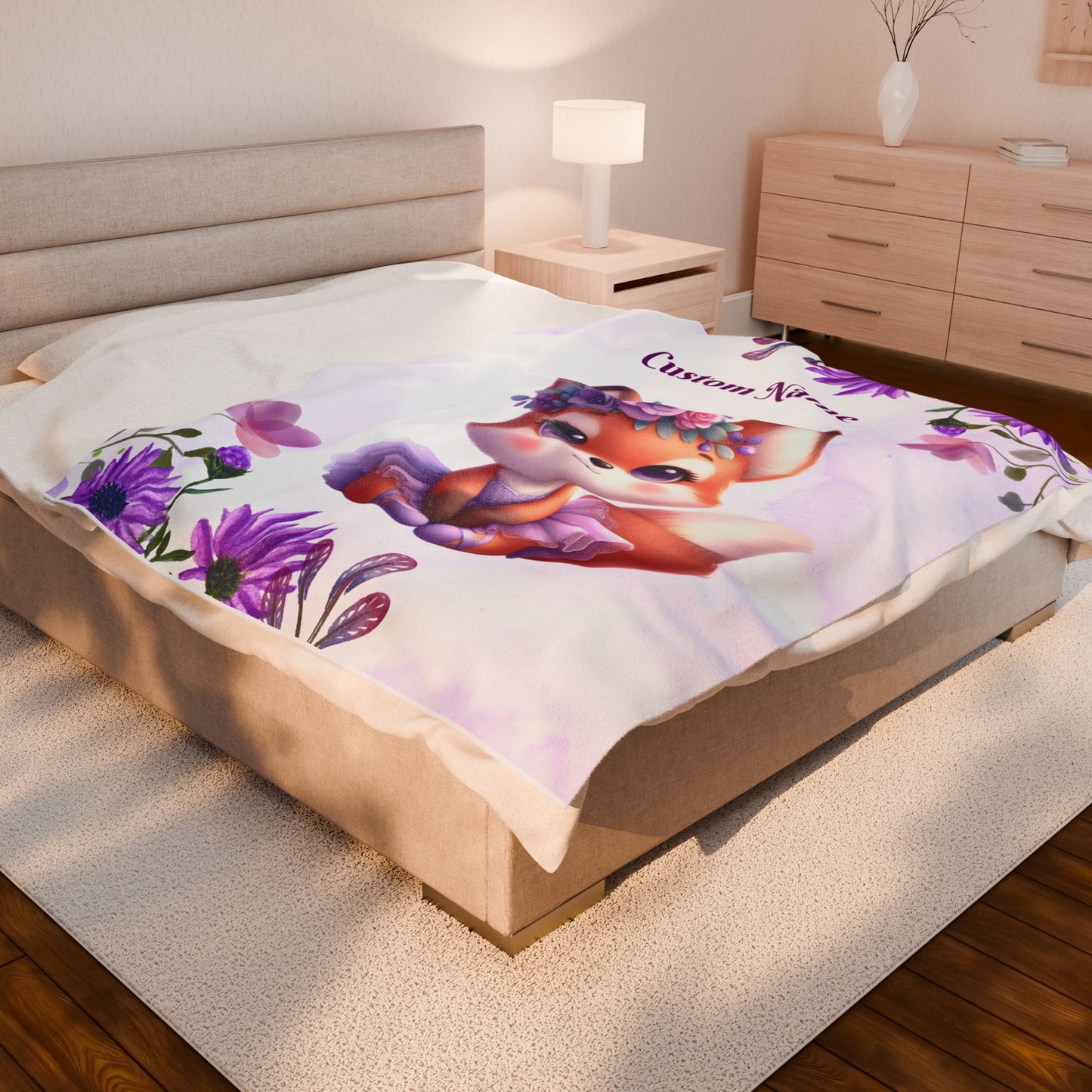 Customizable Velveteen Plush Blanket with Adorable Fox Design, Cozy Gift for Kids, Nursery Decor, Personalized Throw, Soft Bedroom Accent