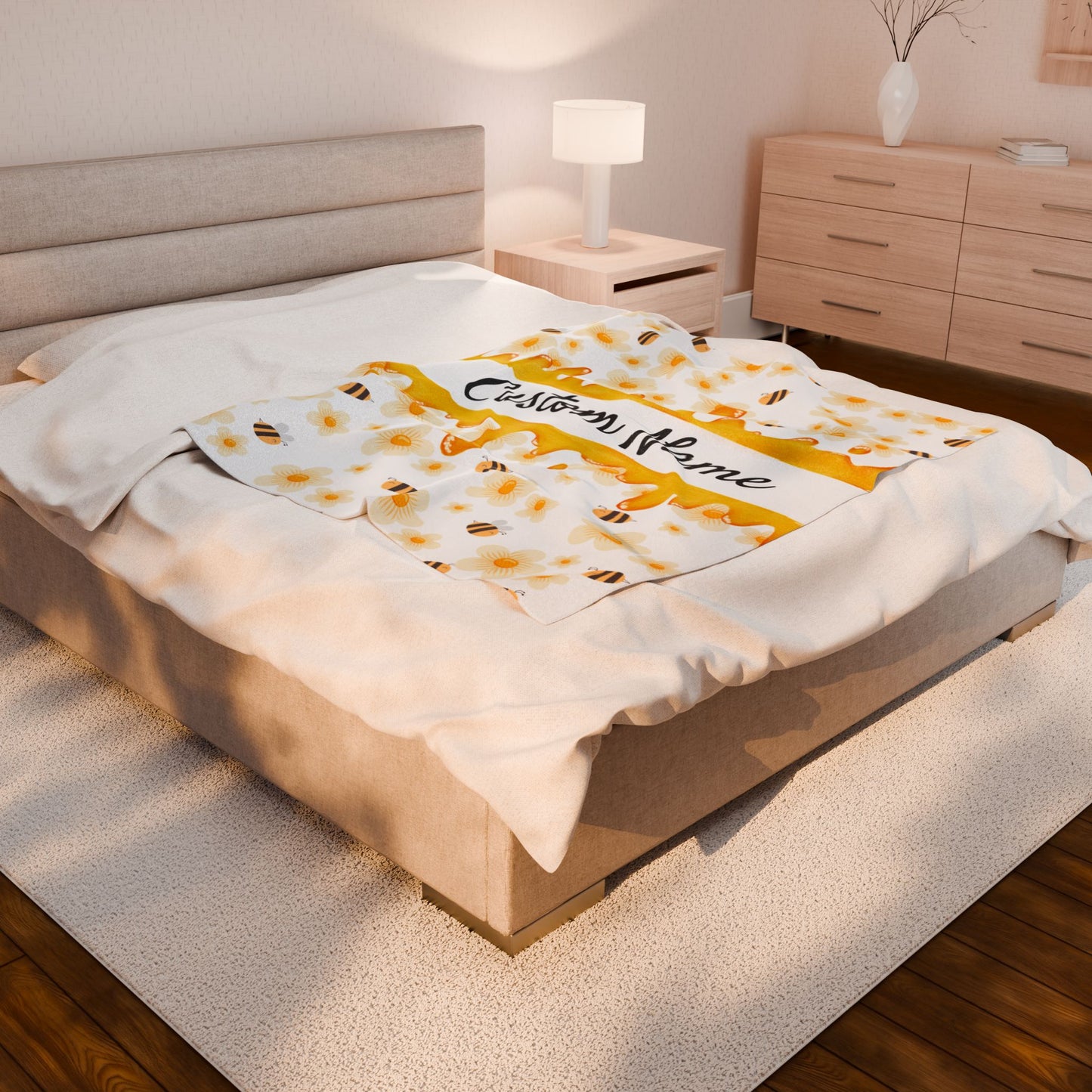 Personalized Velveteen Plush Blanket, Cozy Gift, Custom Name Throw, Bee and Flower Decor, Soft Home Accents
