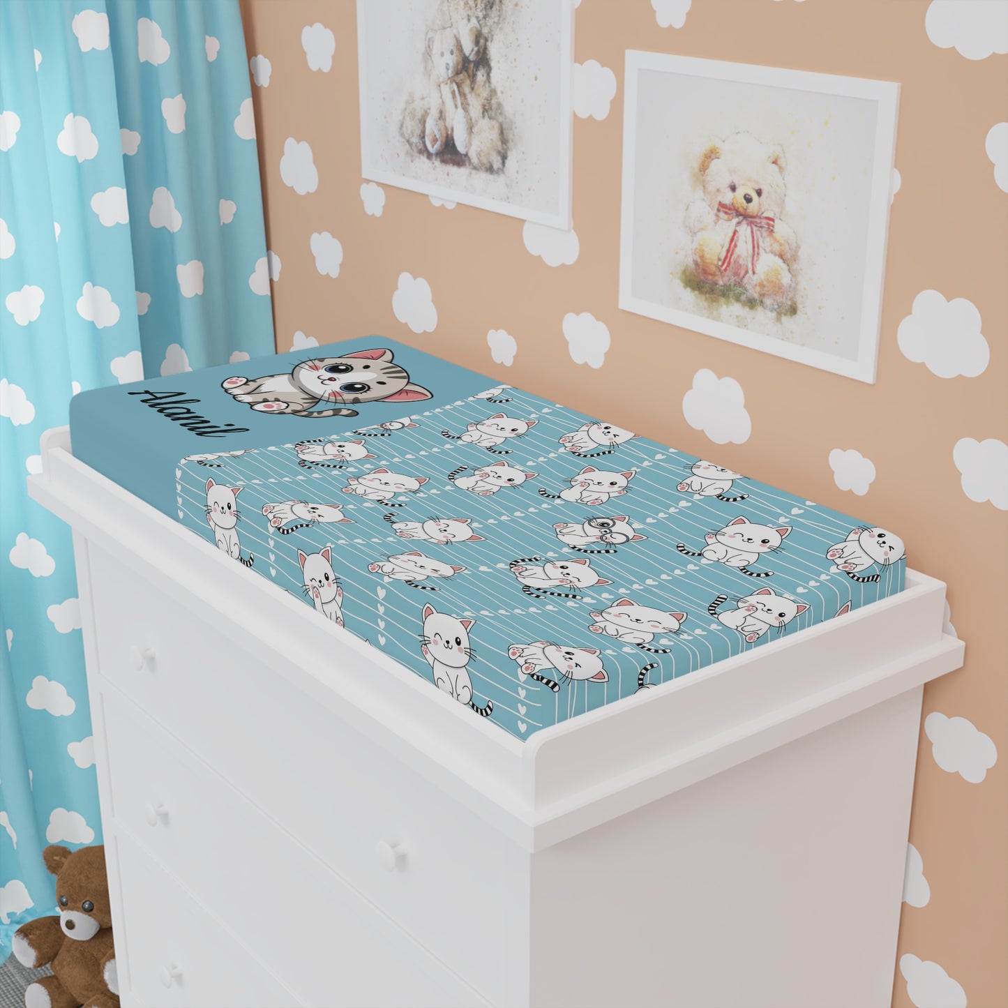 Blue Kitten Baby Changing Pad Cover — Personalized Nursery Mattress Protector