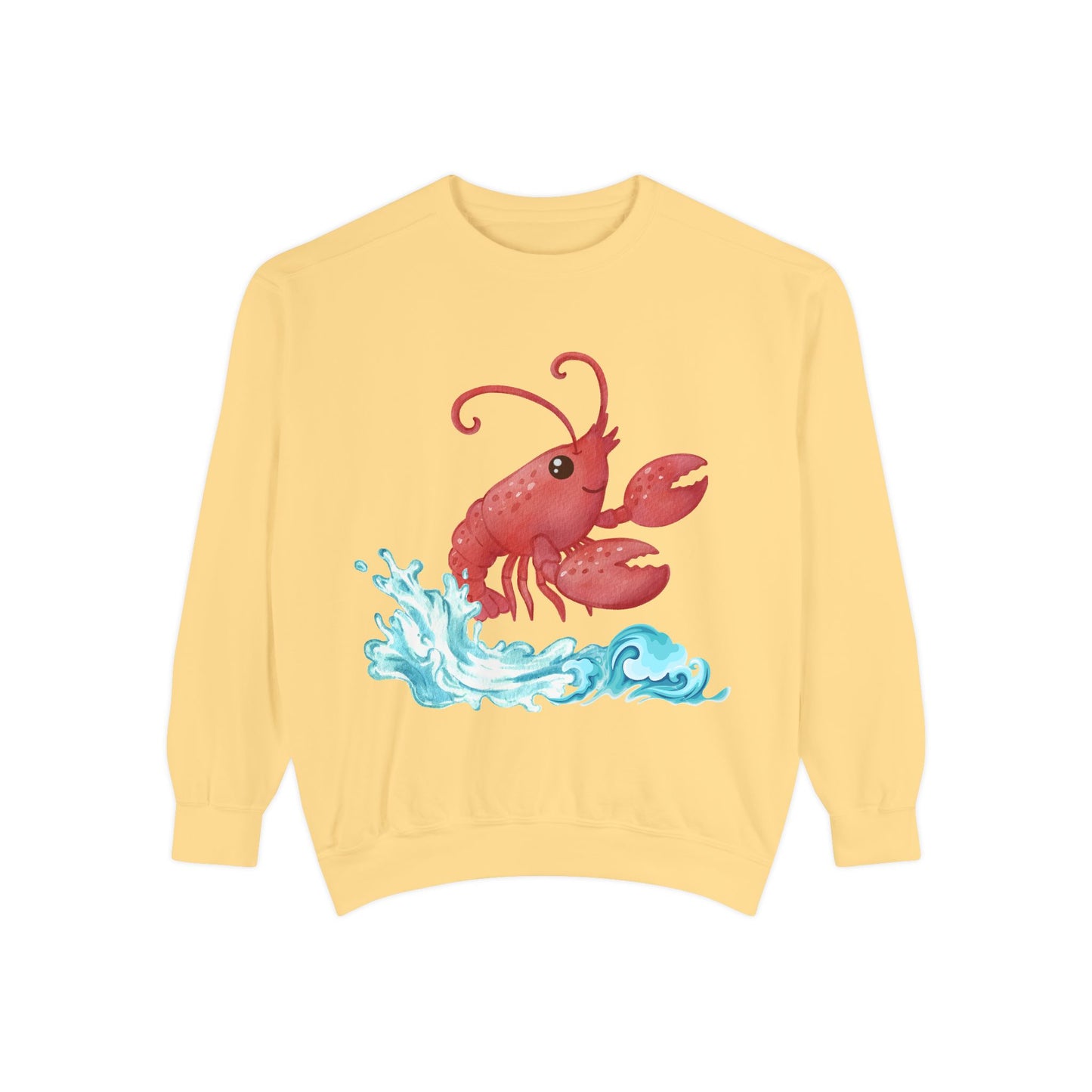 Cheerful red lobster emerging from stylized blue waves Unisex Garment-Dyed Sweatshirt