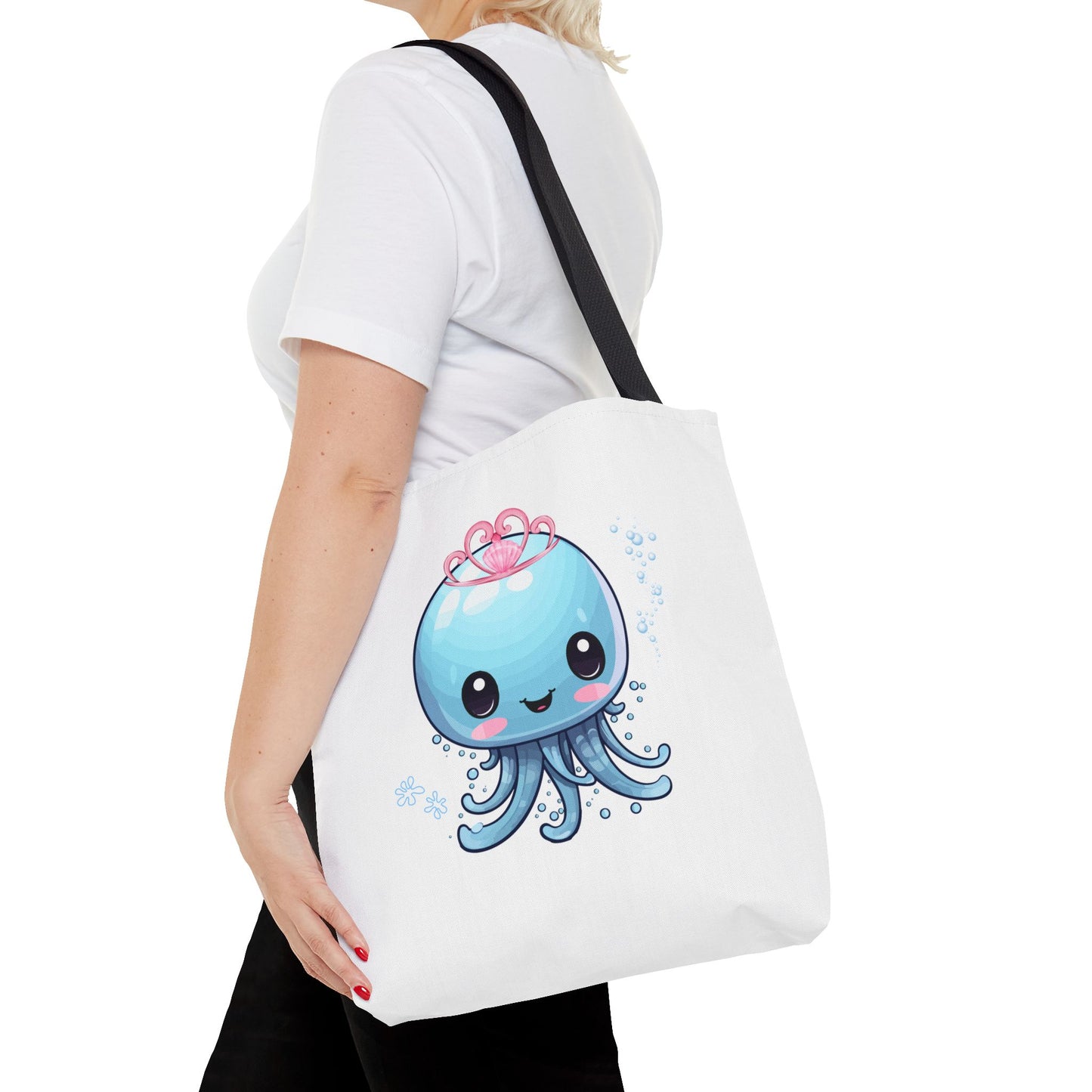 Blue jellyfish with a pink tiara Tote Bag