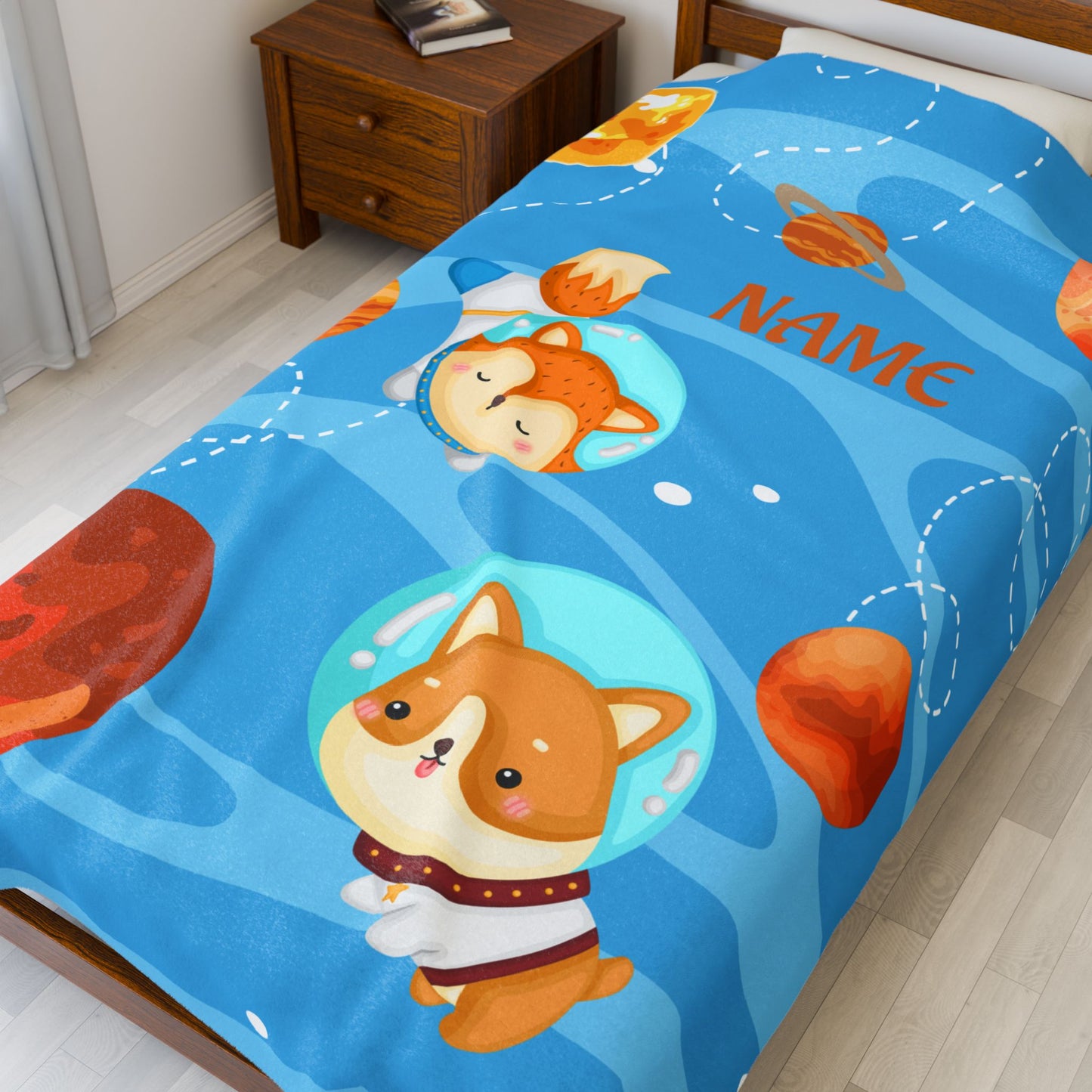 Cute Planetary Velveteen Plush Blanket | Personalized Gift | Kids Room Decor, Cozy Throw, Space Theme, Baby Shower, Birthday Gift