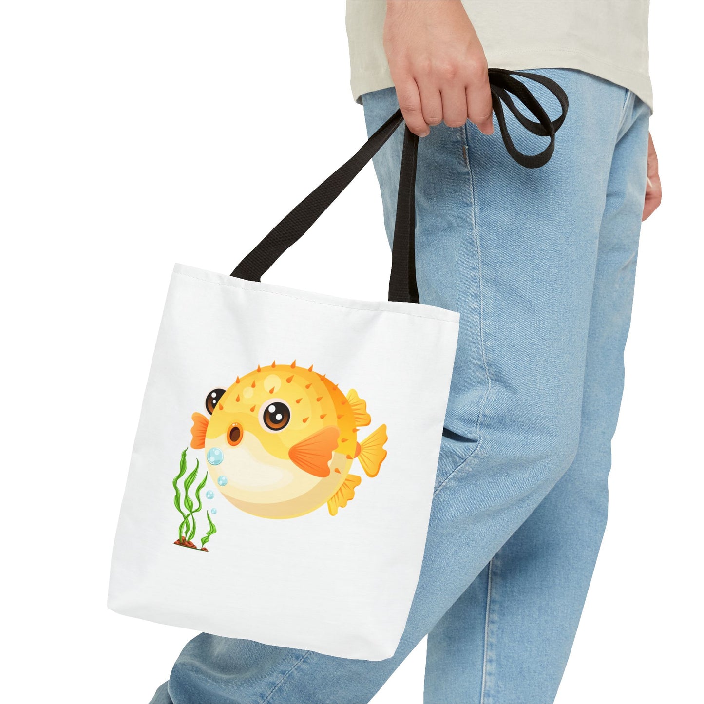 Cartoon Pufferfish with seaweed Tote Bag