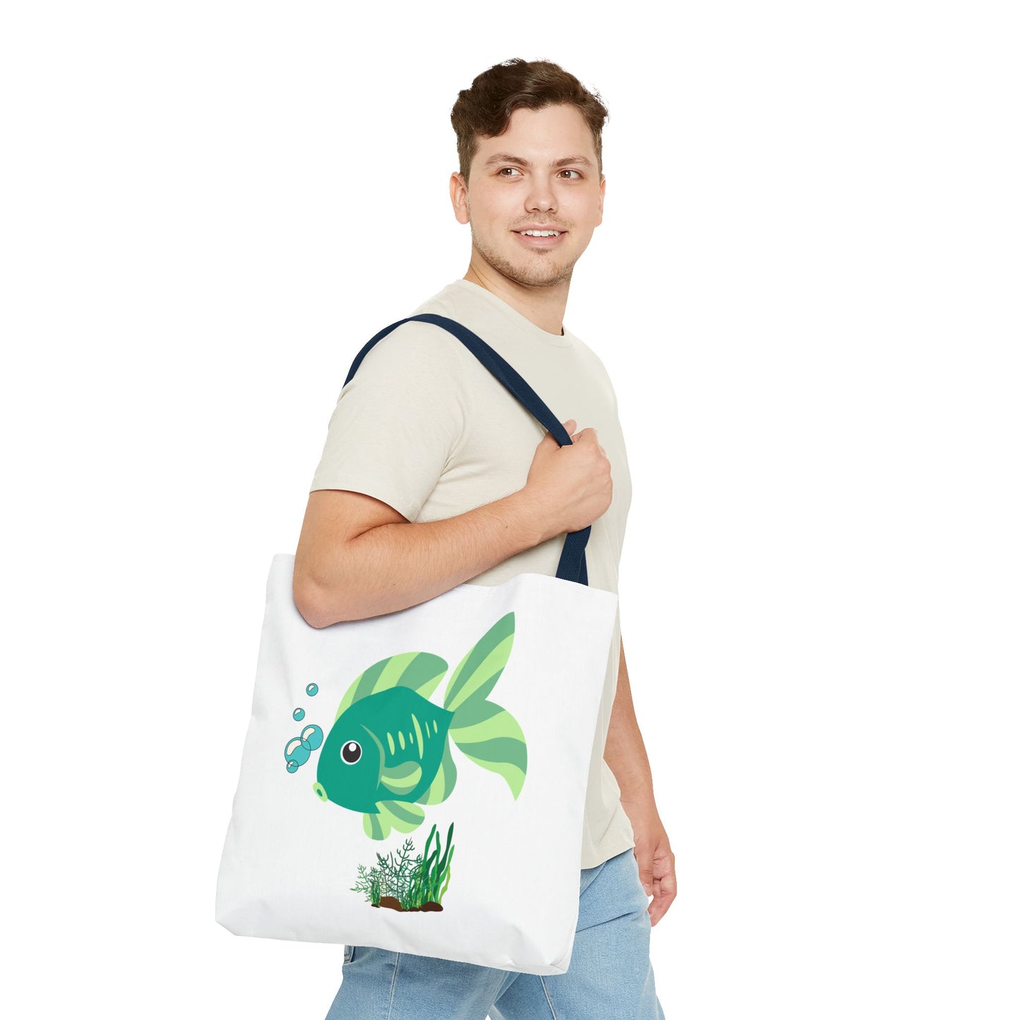 Green fish with bubbles and aquatic plants Tote Bag