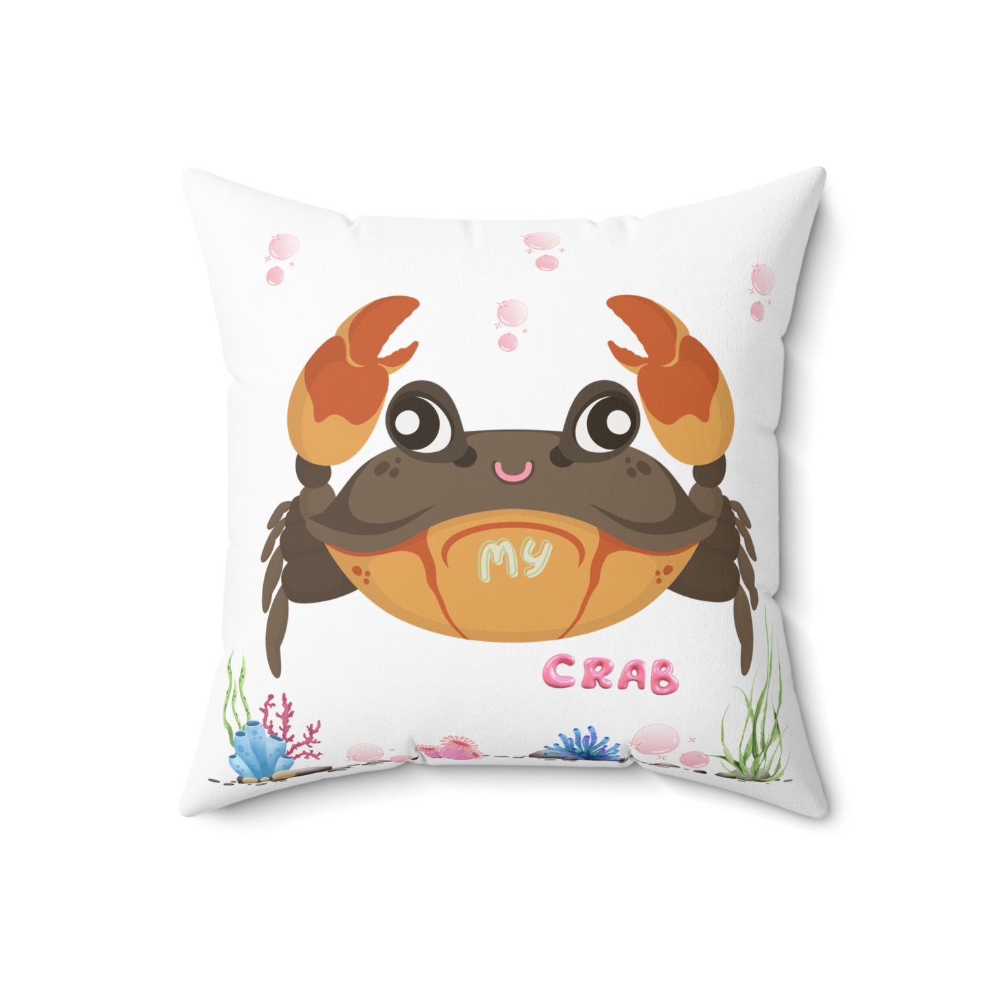 Crab with subtle bubbles and underwater flora Spun Polyester Square Pillow