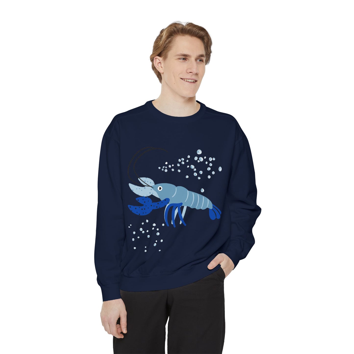 Blue shrimp with dark blue claws and bubbles Unisex Garment-Dyed Sweatshirt