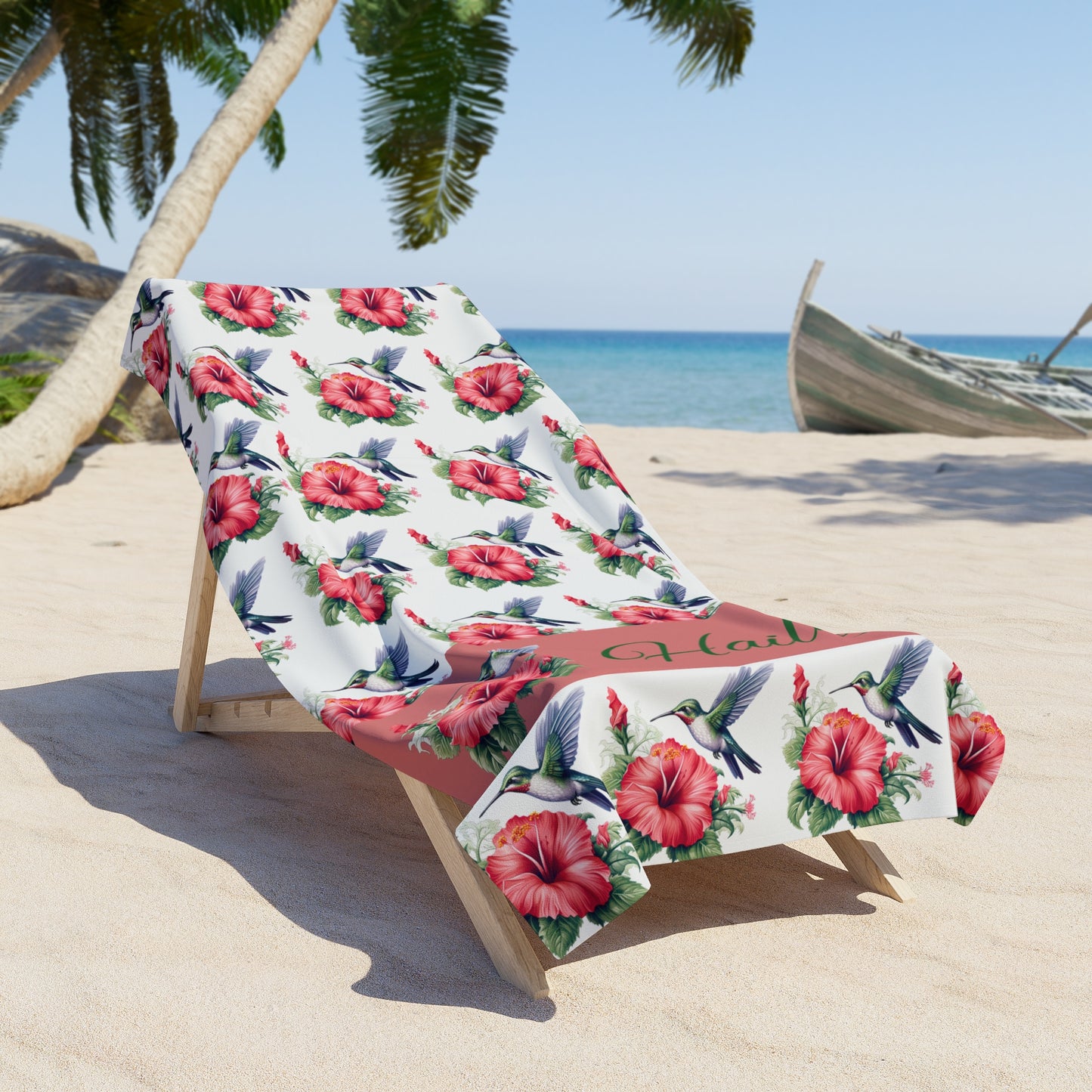 Personalized Floral Hummingbird Beach Towel — Custom Name (e.g., Hailey)