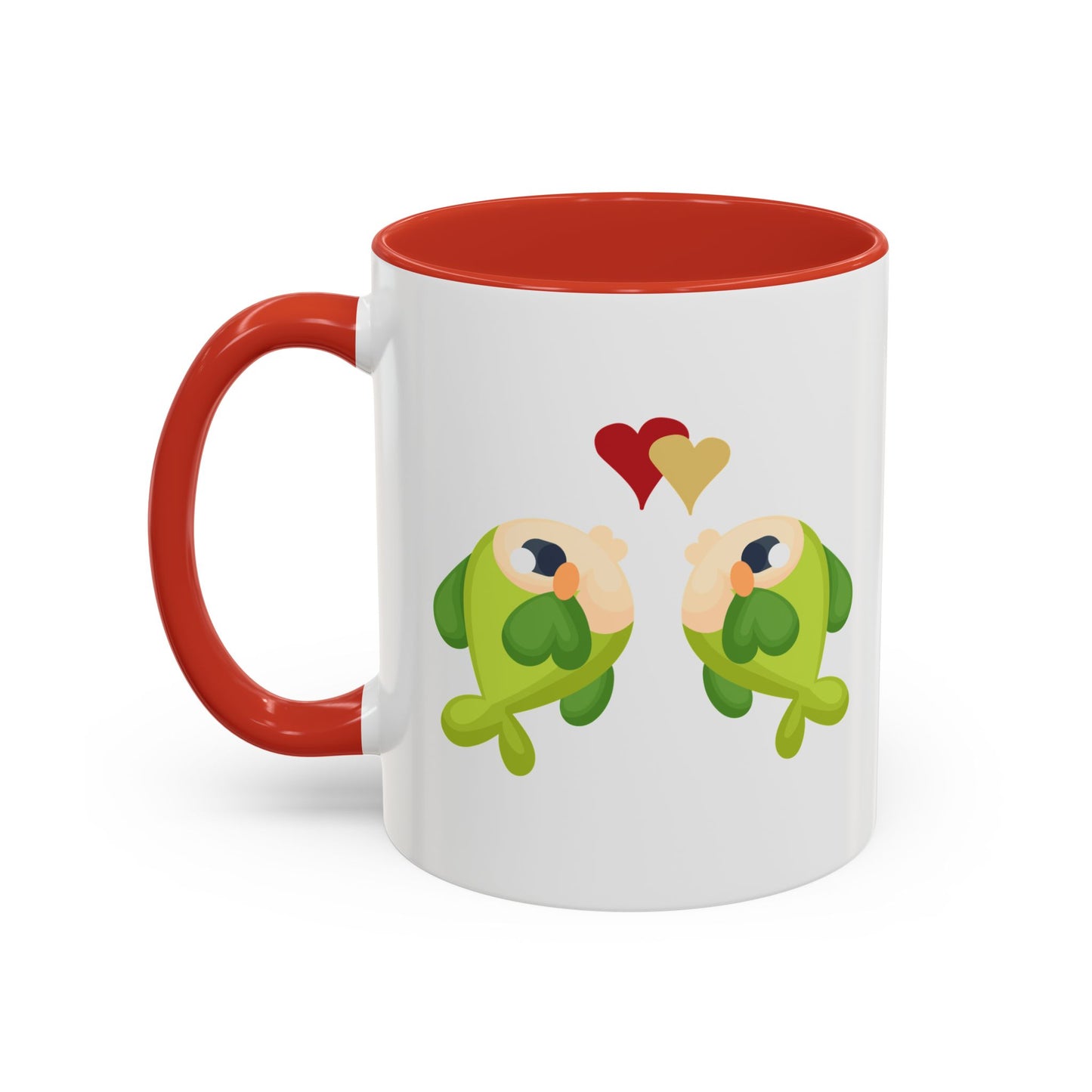 Two hearts float between the fish one red and one yellow. Coffee Mug