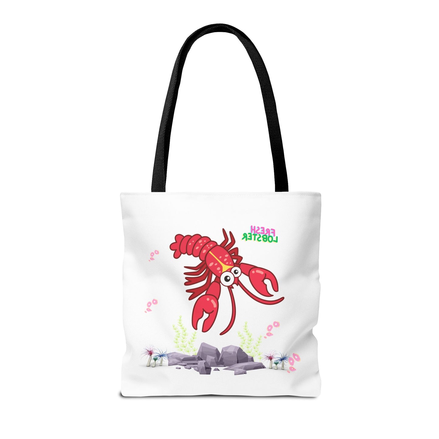 Friendly red lobster big eyes and yellow strip Tote Bag