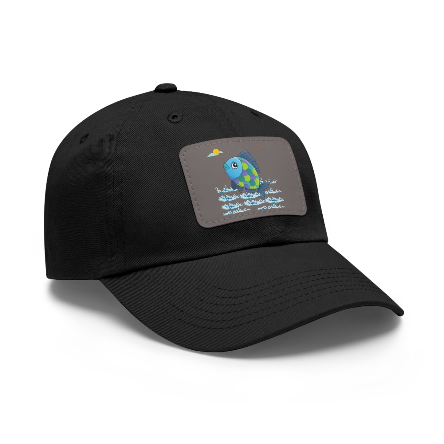 Fish with a sun and birds in the sky above water Dad Hat with Leather Patch (Rectangle)