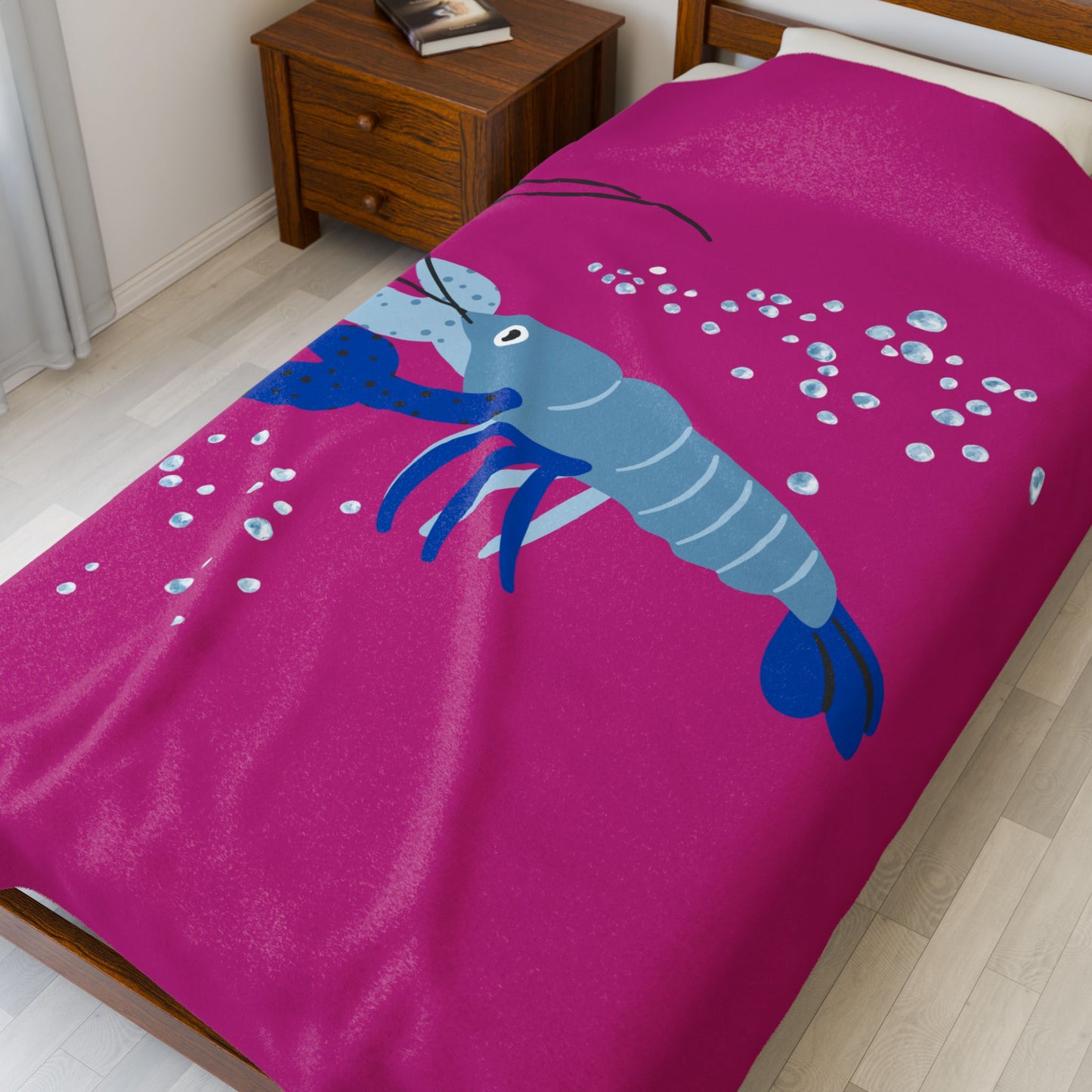 Blue shrimp with dark blue claws and bubbles Velveteen Plush Blanket