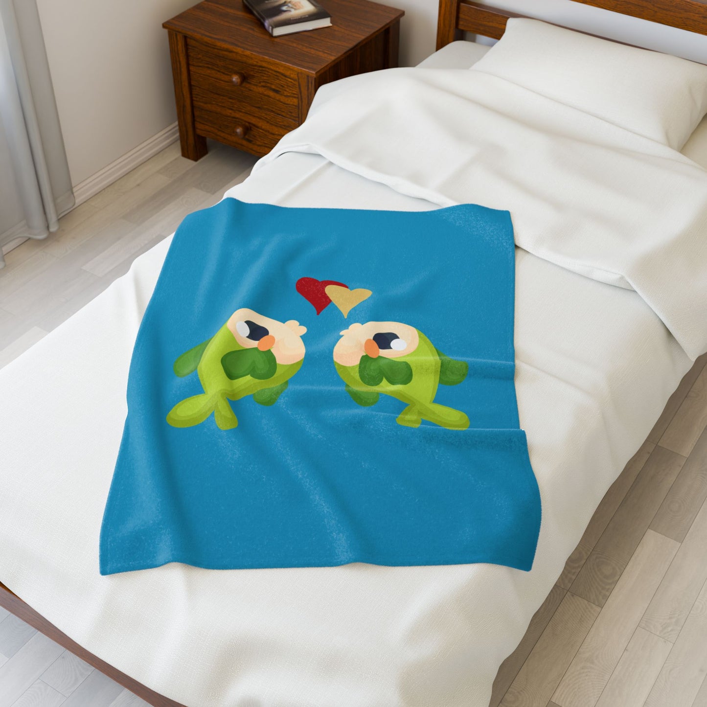 Two hearts float between the fish one red and one yellow Velveteen Plush Blanket