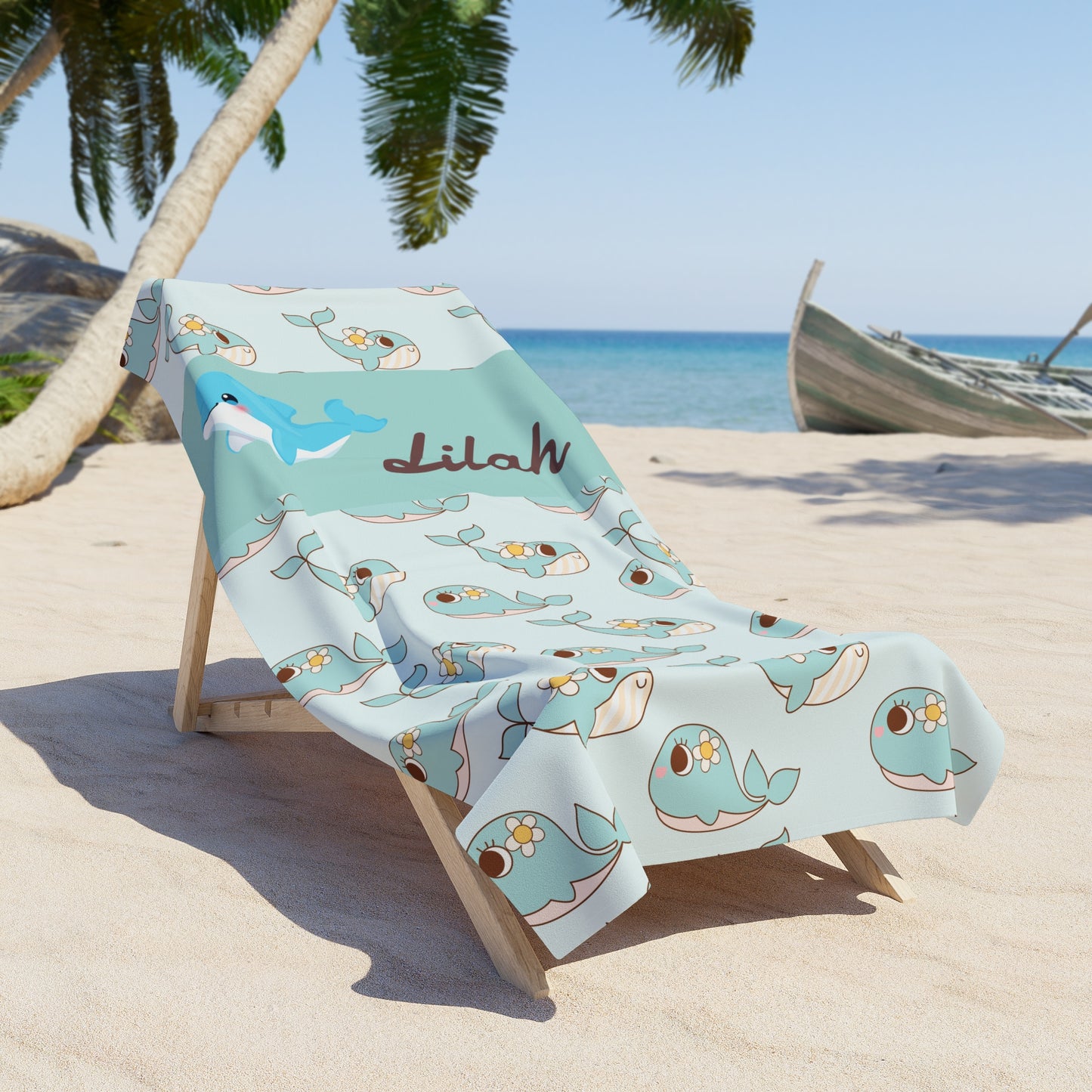 Personalized Dolphin Beach Towel – Custom Name 'Lilah' Seaside Pattern