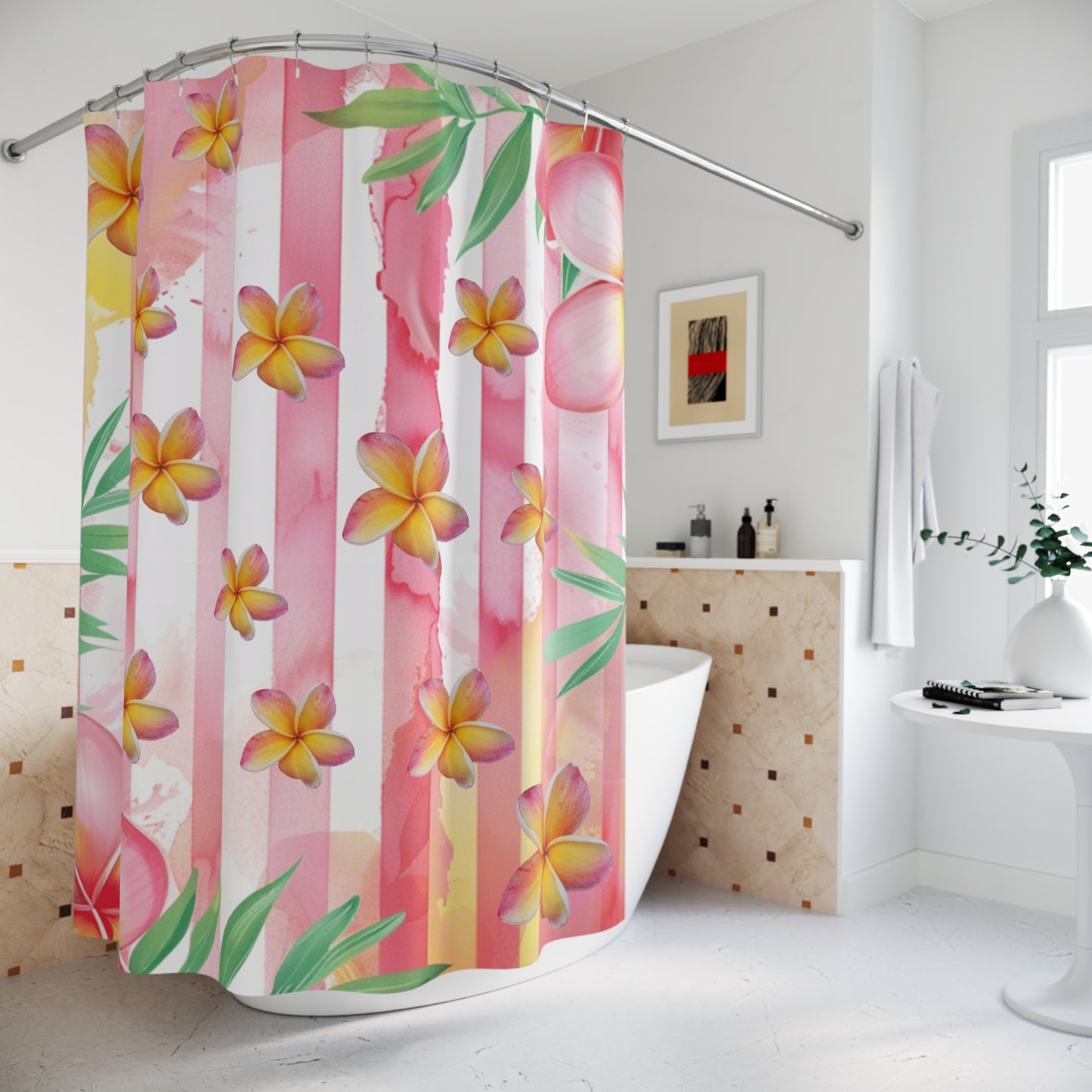 Tropical Plumeria Shower Curtain – Pink Stripes Floral Bath Decor