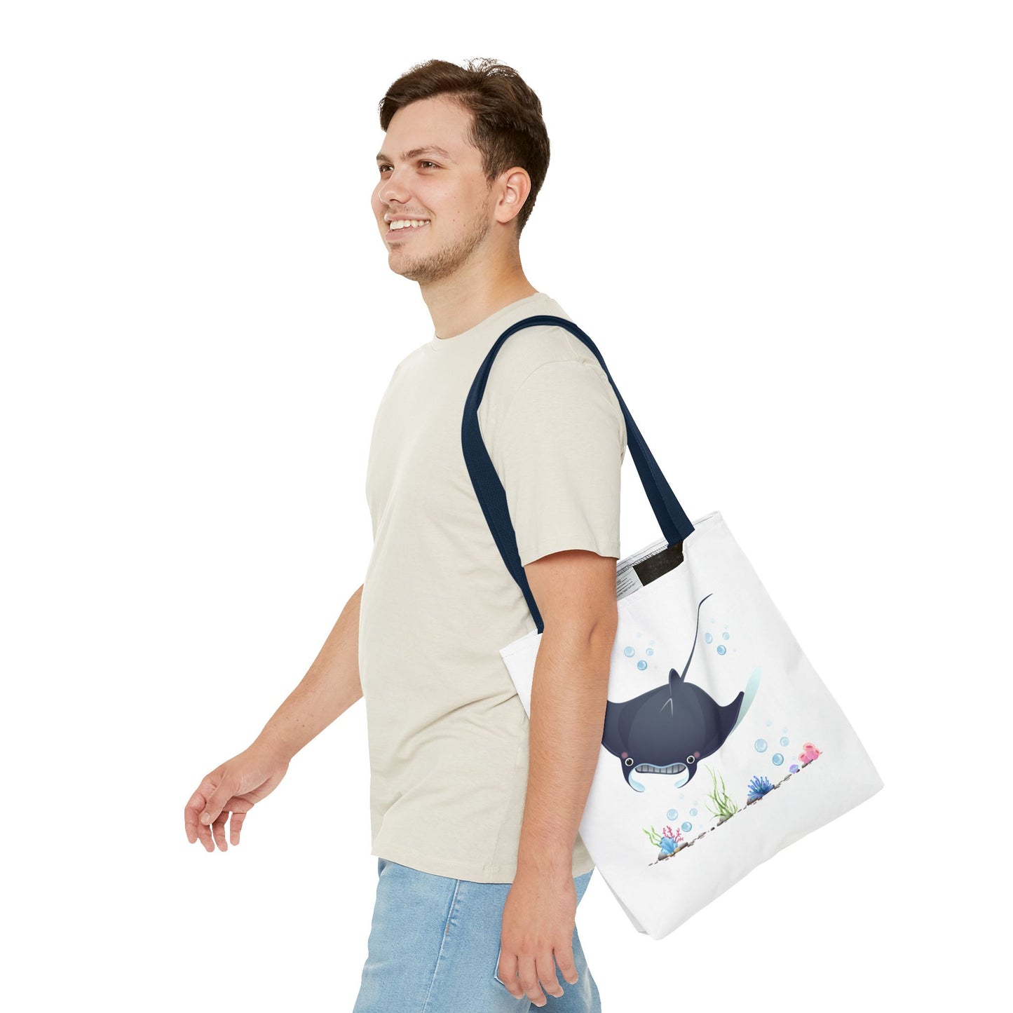 Manta ray with bubbles and coral reef Tote Bag