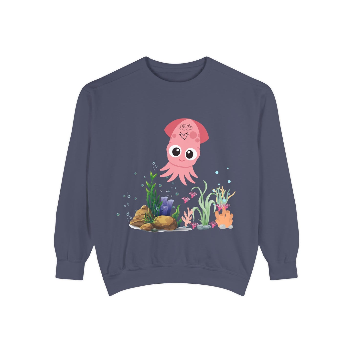 Pink squid cartoon with love Unisex Garment-Dyed Sweatshirt