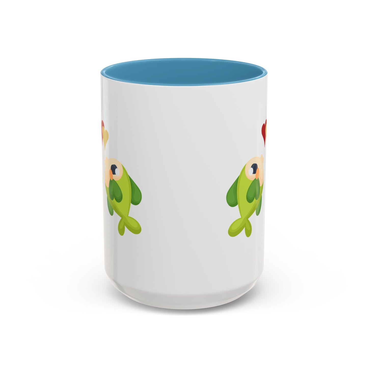 Two hearts float between the fish one red and one yellow. Coffee Mug