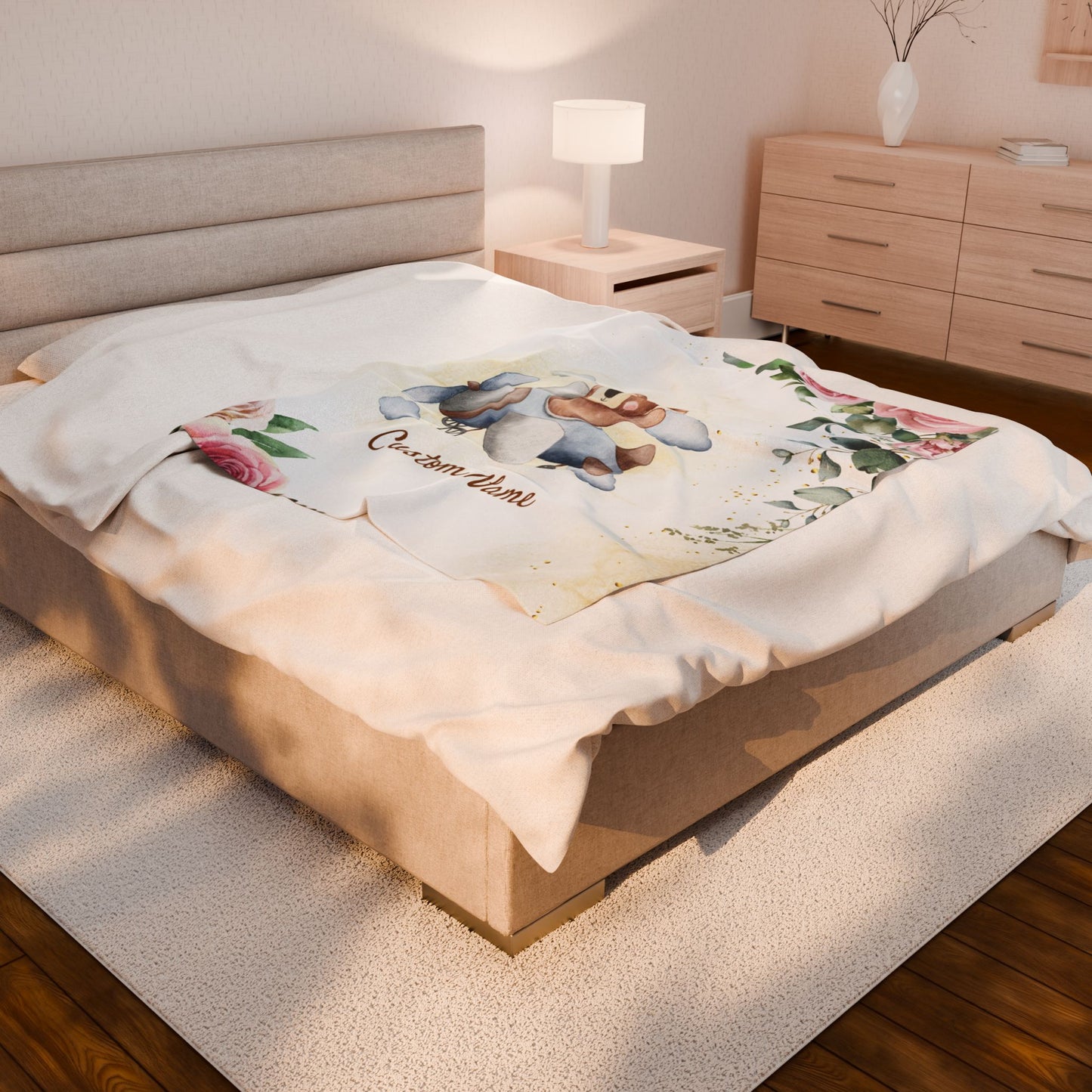 Personalized Velveteen Plush Blanket with Custom Name, Kids Blanket, Nursery Decor, Baby Shower Gift, Floral Bear Design
