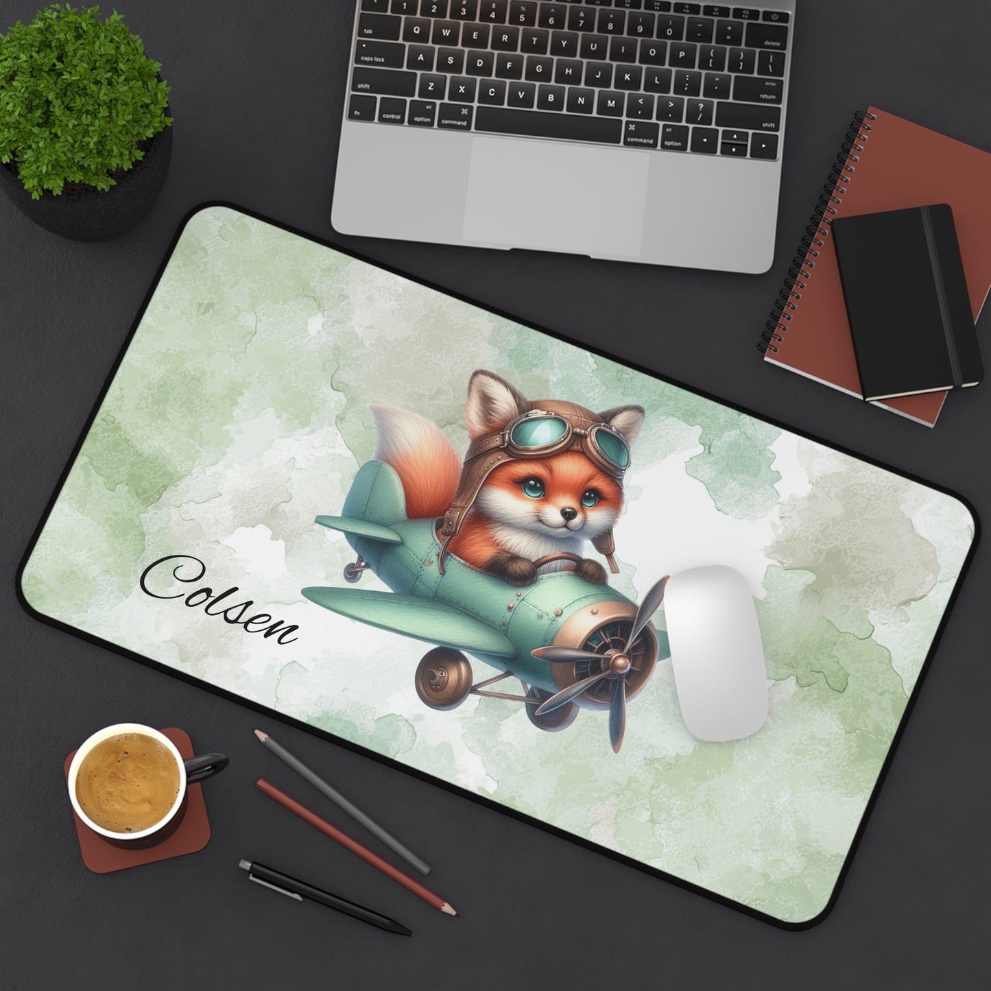 Cute Fox Pilot Desk Mat, Personalized Desk Accessories, Kids Room Decor, Office Supplies, Animal Lover Gift
