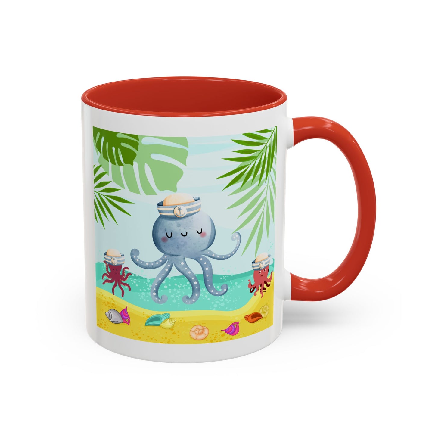 Octopus on a beach scene with tropical Coffee Mug
