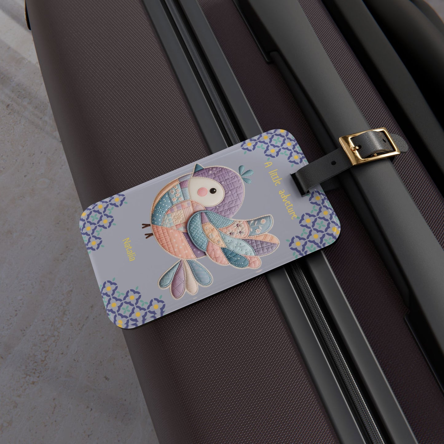 Luggage Tag — Pastel Quilted Bird "A Little Adventure" Personalized Travel Tag