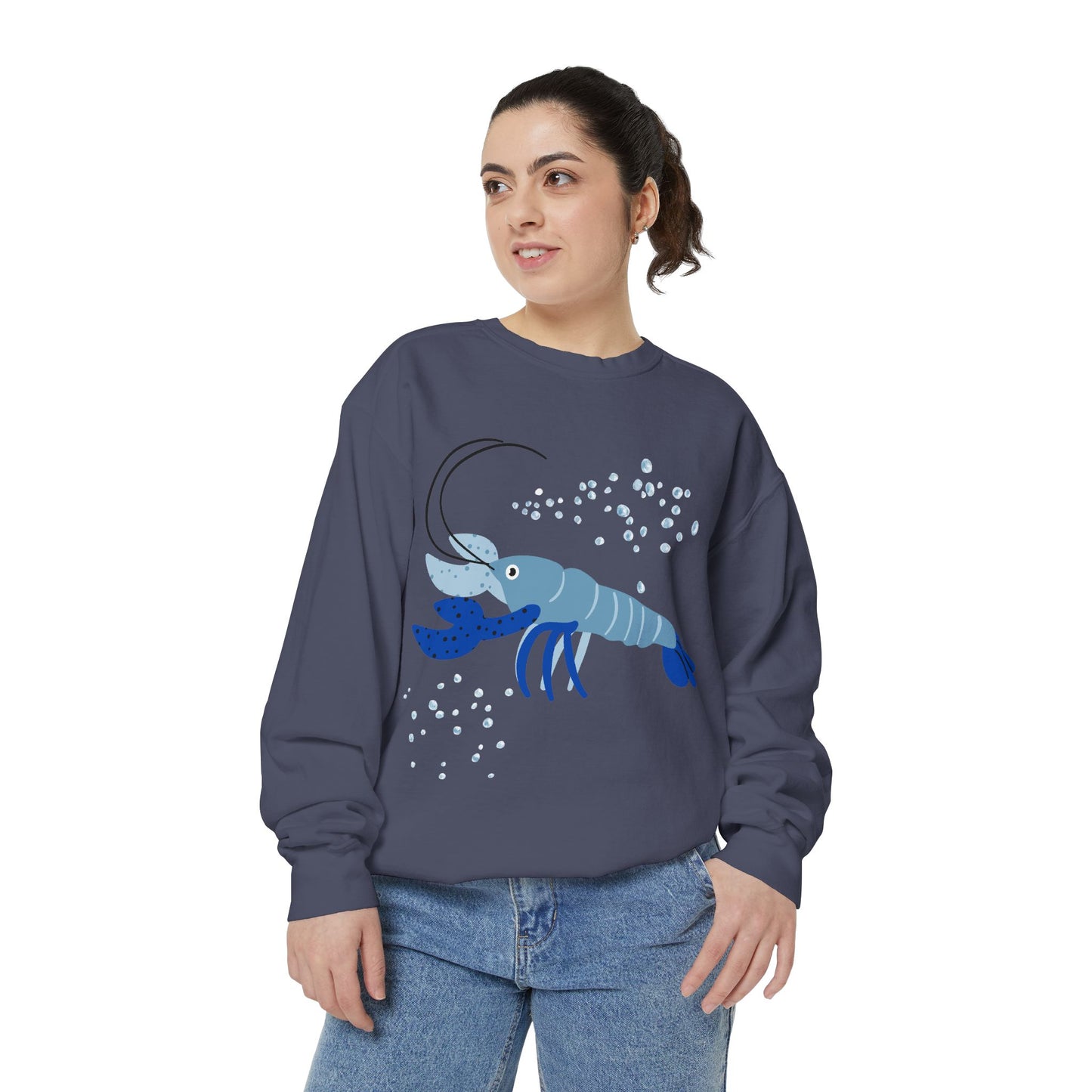 Blue shrimp with dark blue claws and bubbles Unisex Garment-Dyed Sweatshirt