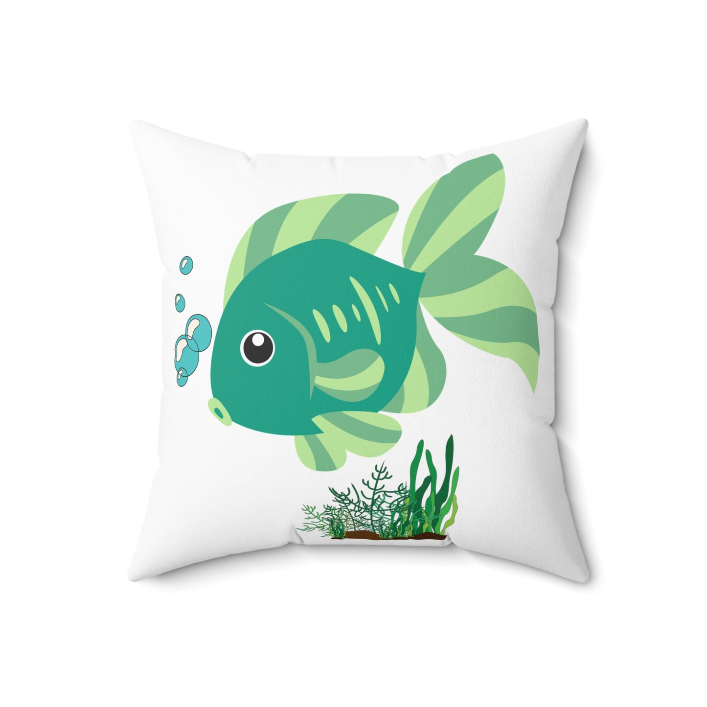 Green fish with bubbles and aquatic plants Spun Polyester Square Pillow