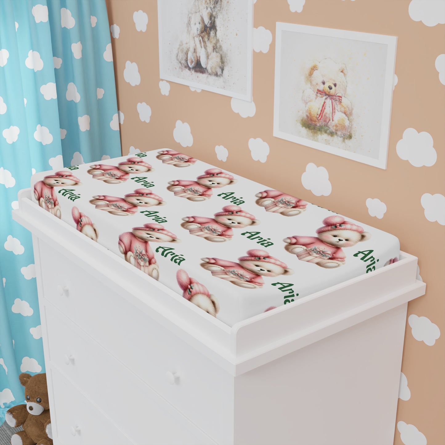 Personalized Baby Changing Pad Cover — Pink Teddy Bear Name 'Aria'