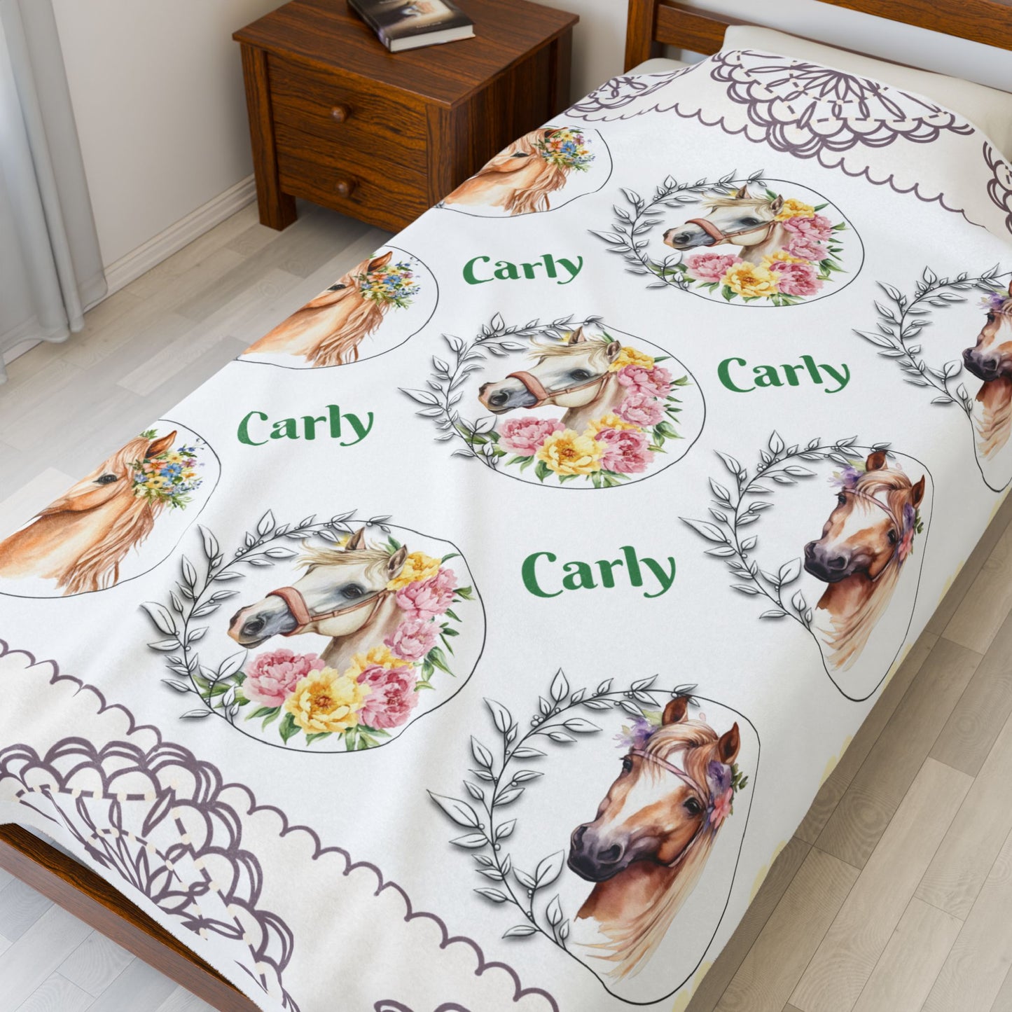 Personalized Horse Lover's Blanket, Velveteen Plush Blanket, Cozy Gift for Kids, Horse-Themed Decor, Unique Nursery Item