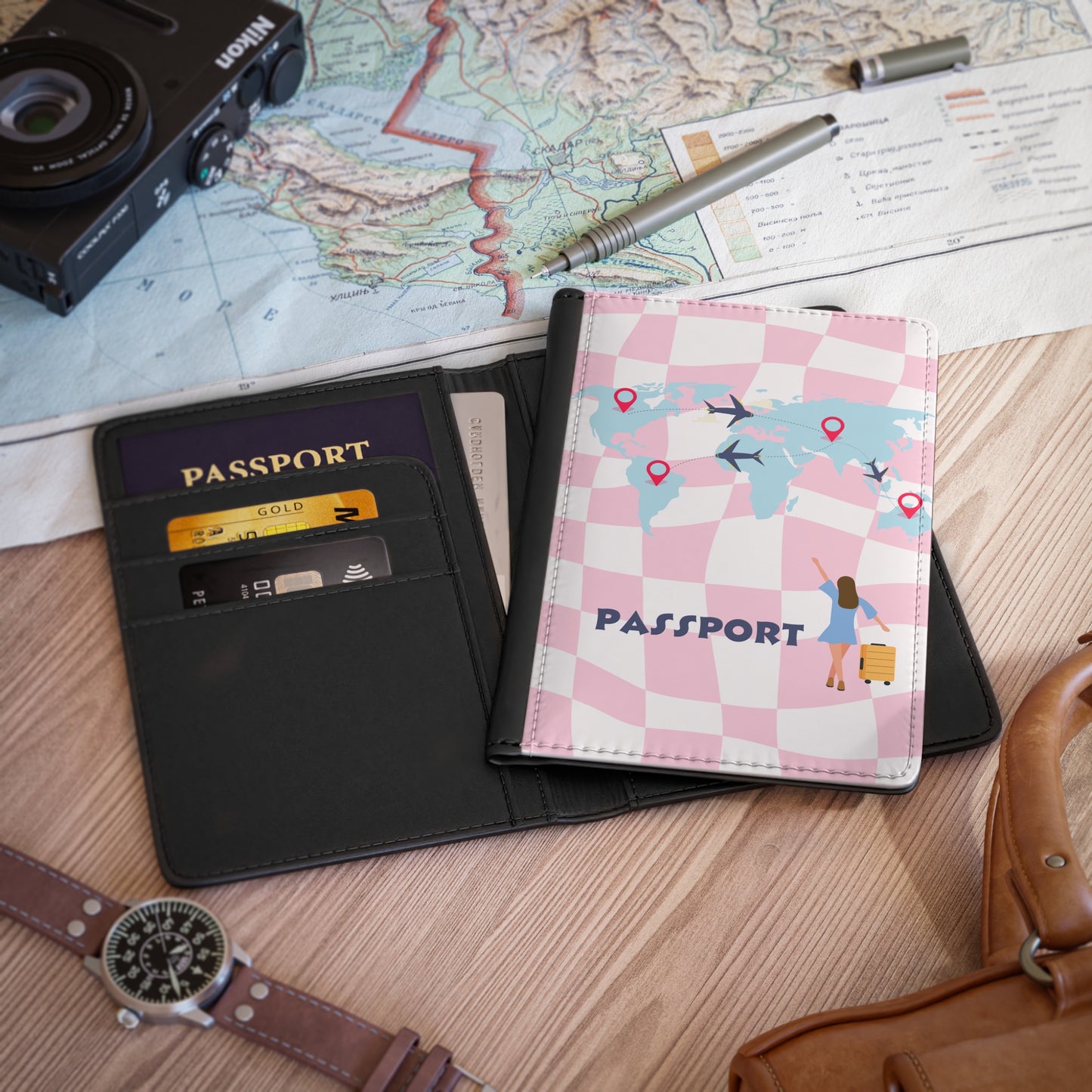 Pink Travel Passport Cover — World Map, Airplane & Luggage Design for Women