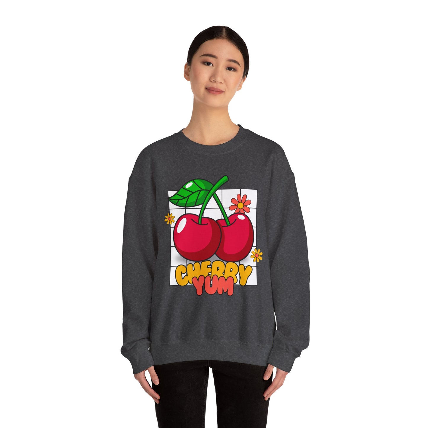 Cherry Yum Graphic Crewneck Sweatshirt | Cozy Unisex Sweater for Casual Wear, Gifts, Summer Vibes, Trendy Fashion, Foodie Apparel