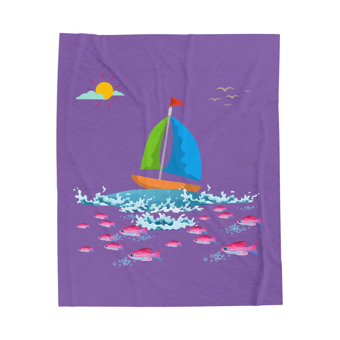 Sailboat and Red fish Velveteen Plush Blanket