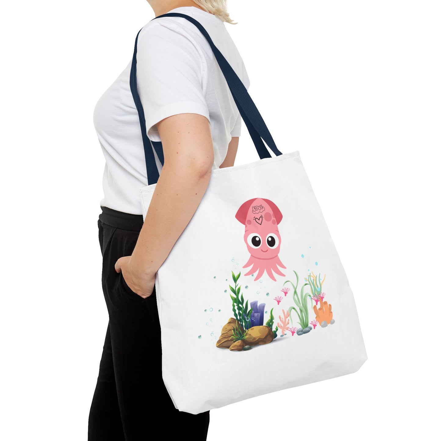Pink squid cartoon with love Tote Bag