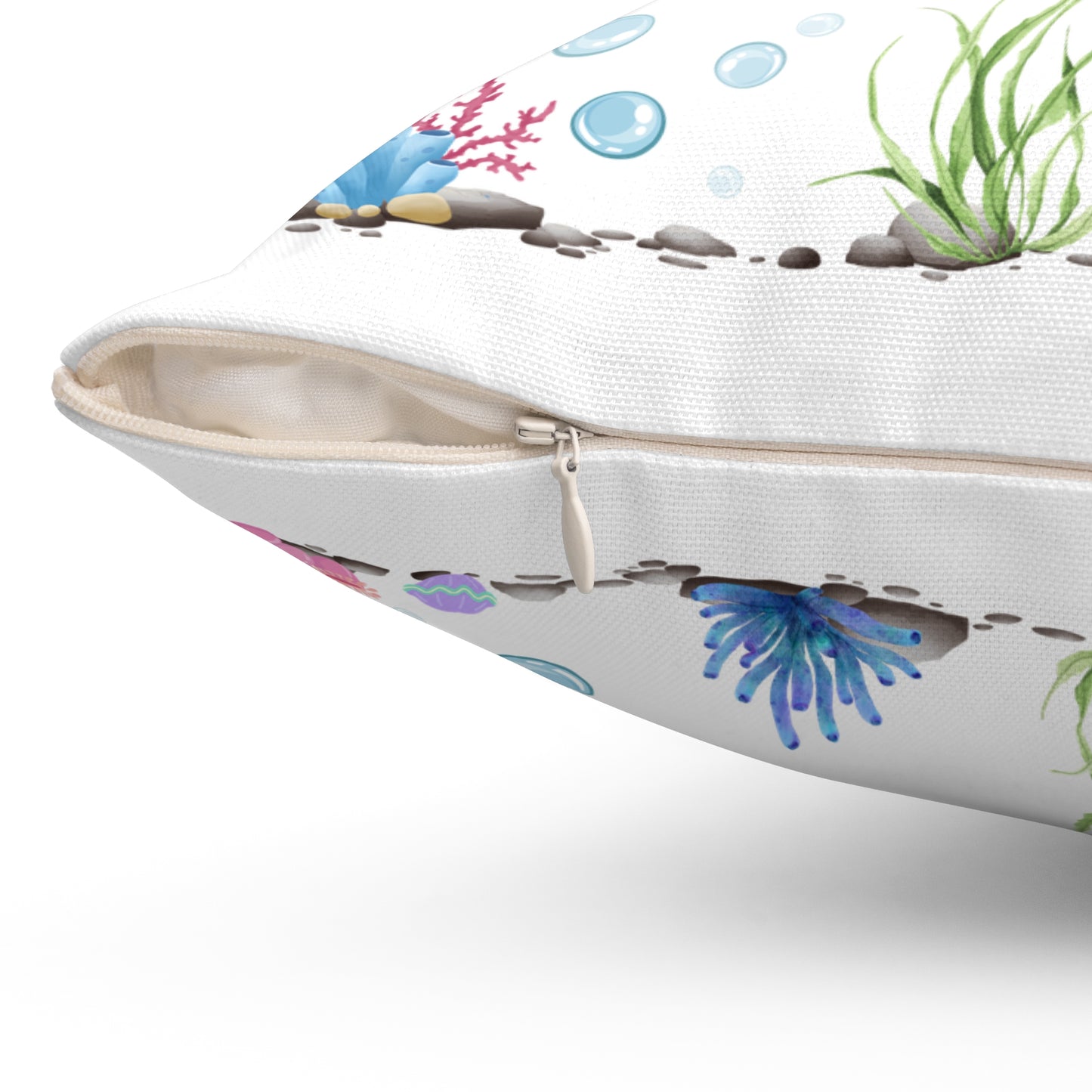 Manta ray with bubbles and coral reef Spun Polyester Square Pillow