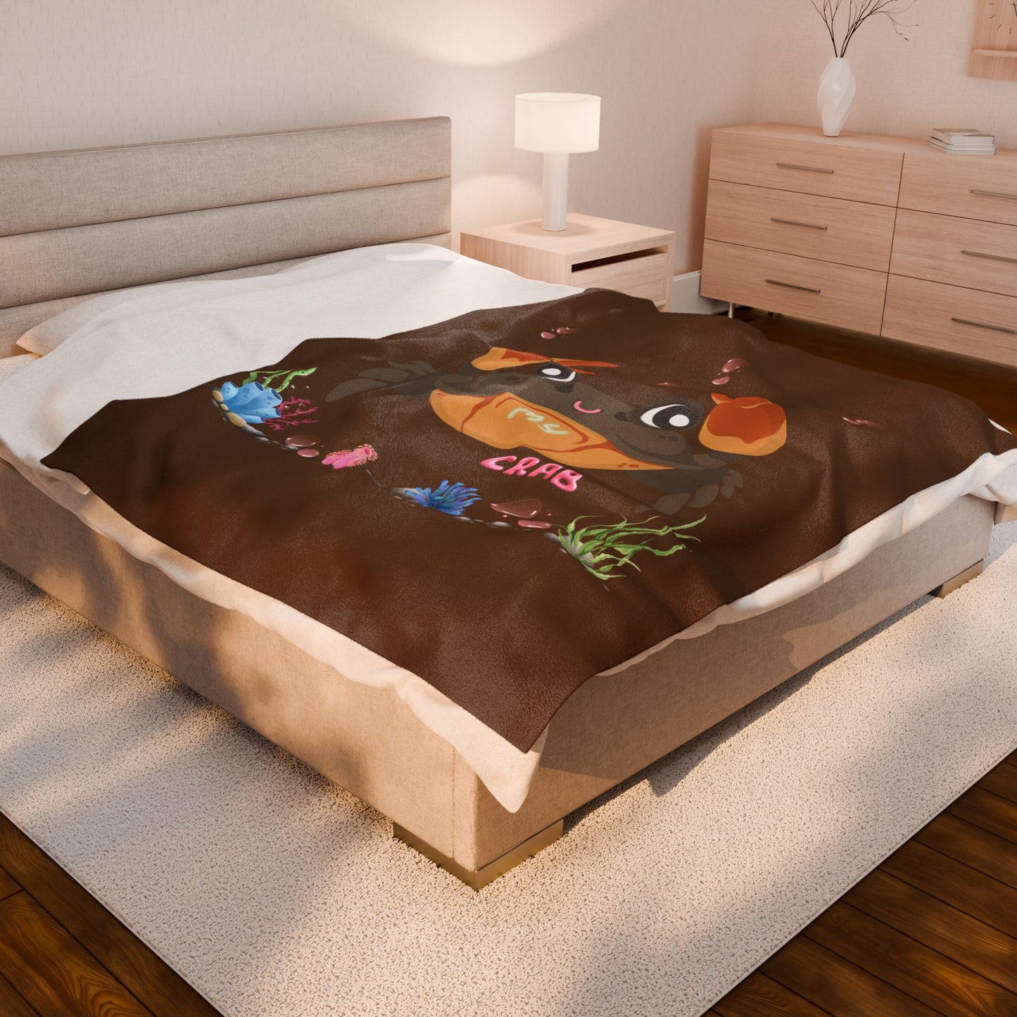 Crab with subtle bubbles and underwater flora Velveteen Plush Blanket