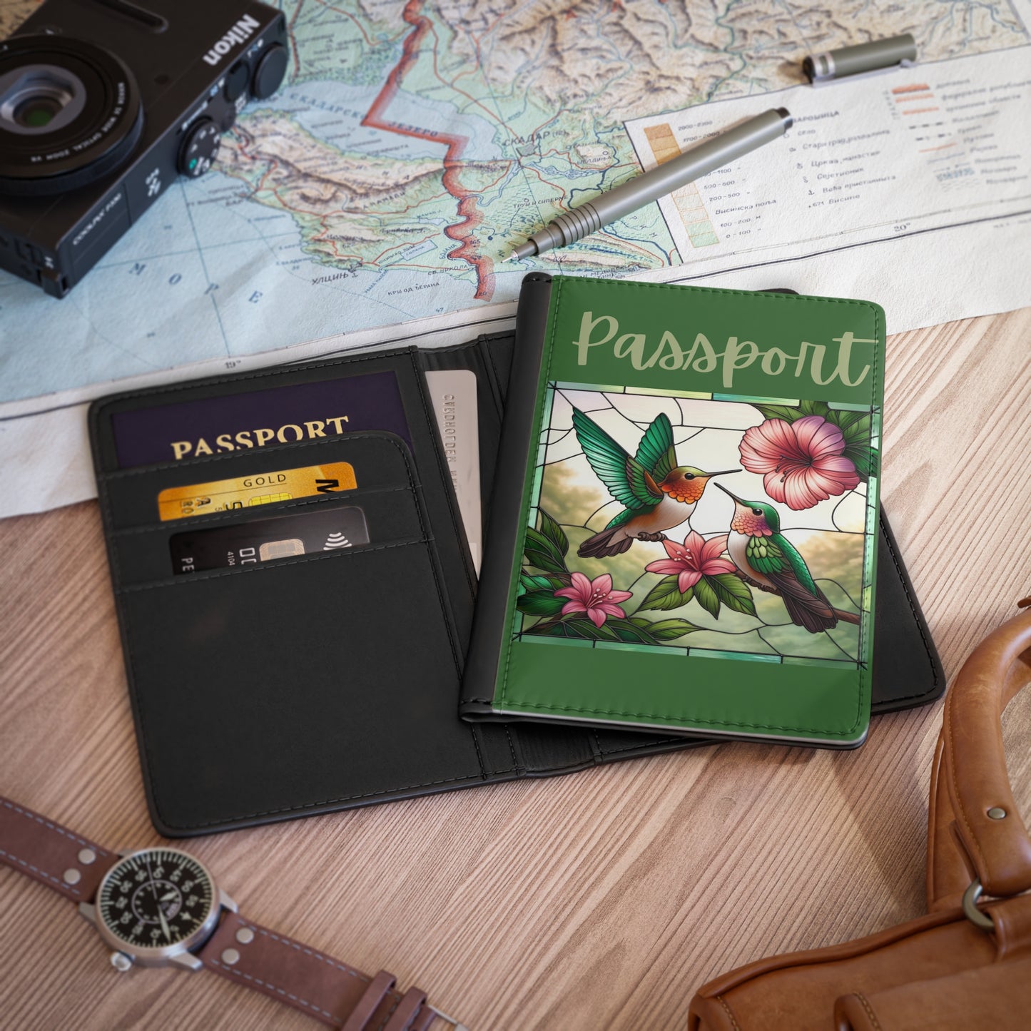 Hummingbird Floral Passport Cover — Green Stained-Glass Travel Passport Holder