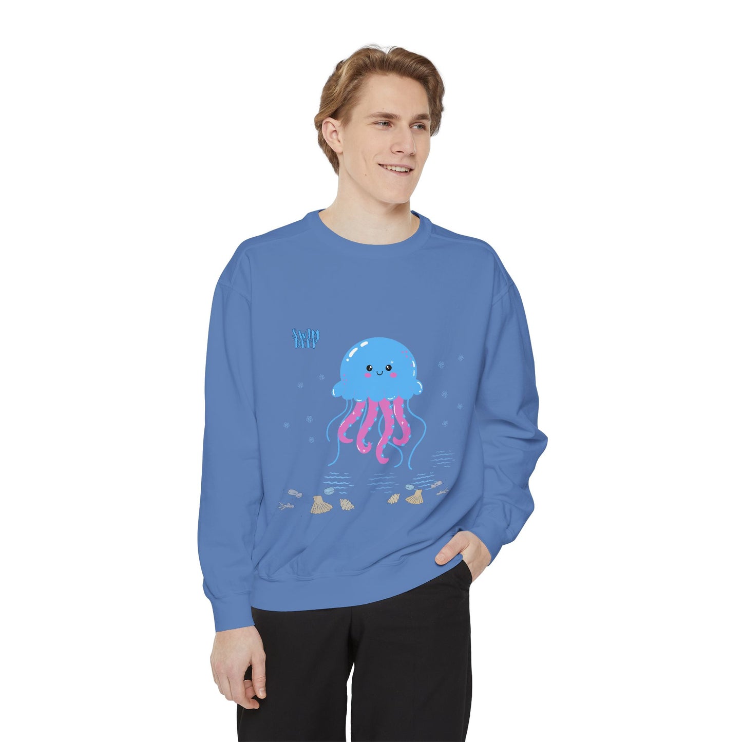 Blue jellyfish with pink tentacles Unisex Garment-Dyed Sweatshirt