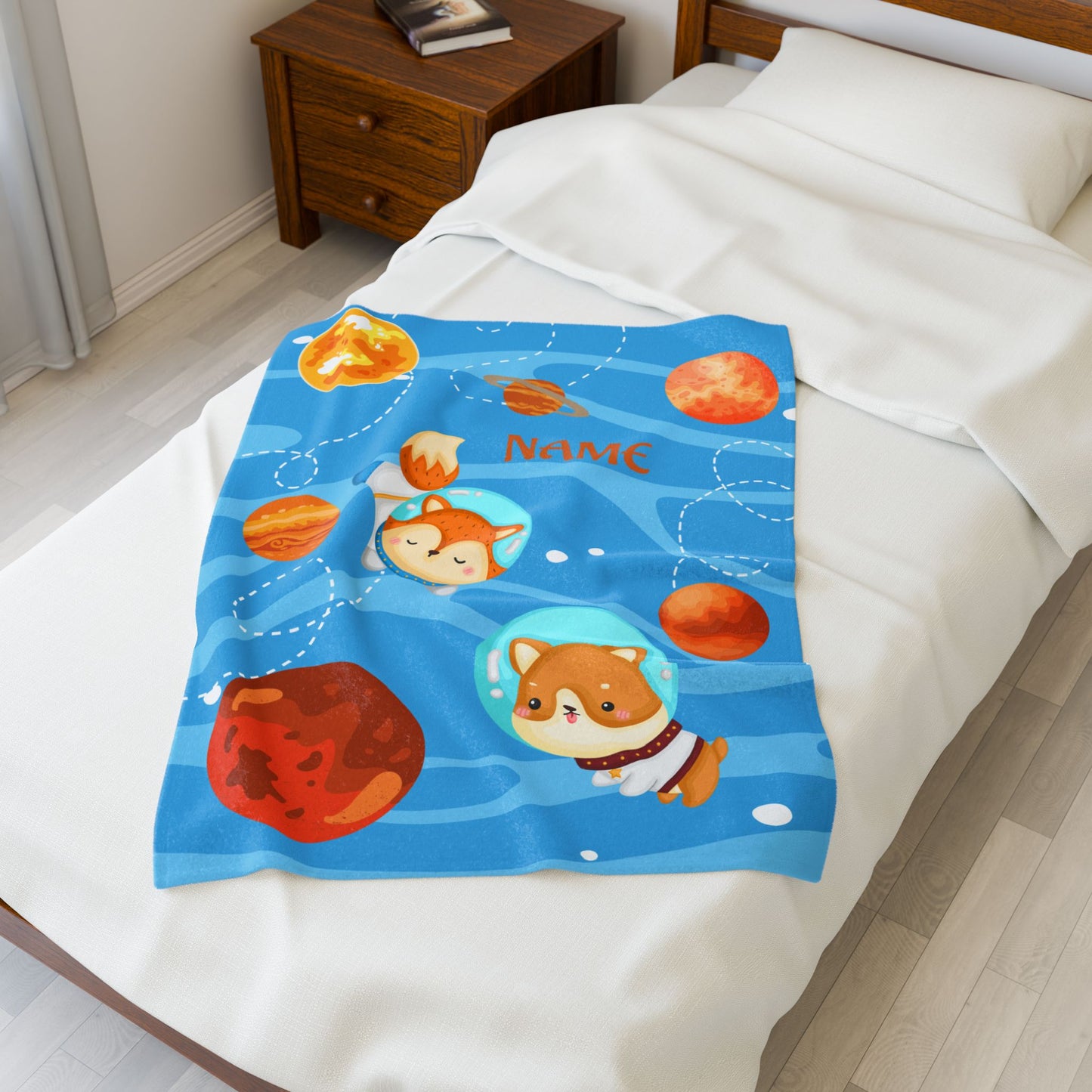 Cute Planetary Velveteen Plush Blanket | Personalized Gift | Kids Room Decor, Cozy Throw, Space Theme, Baby Shower, Birthday Gift