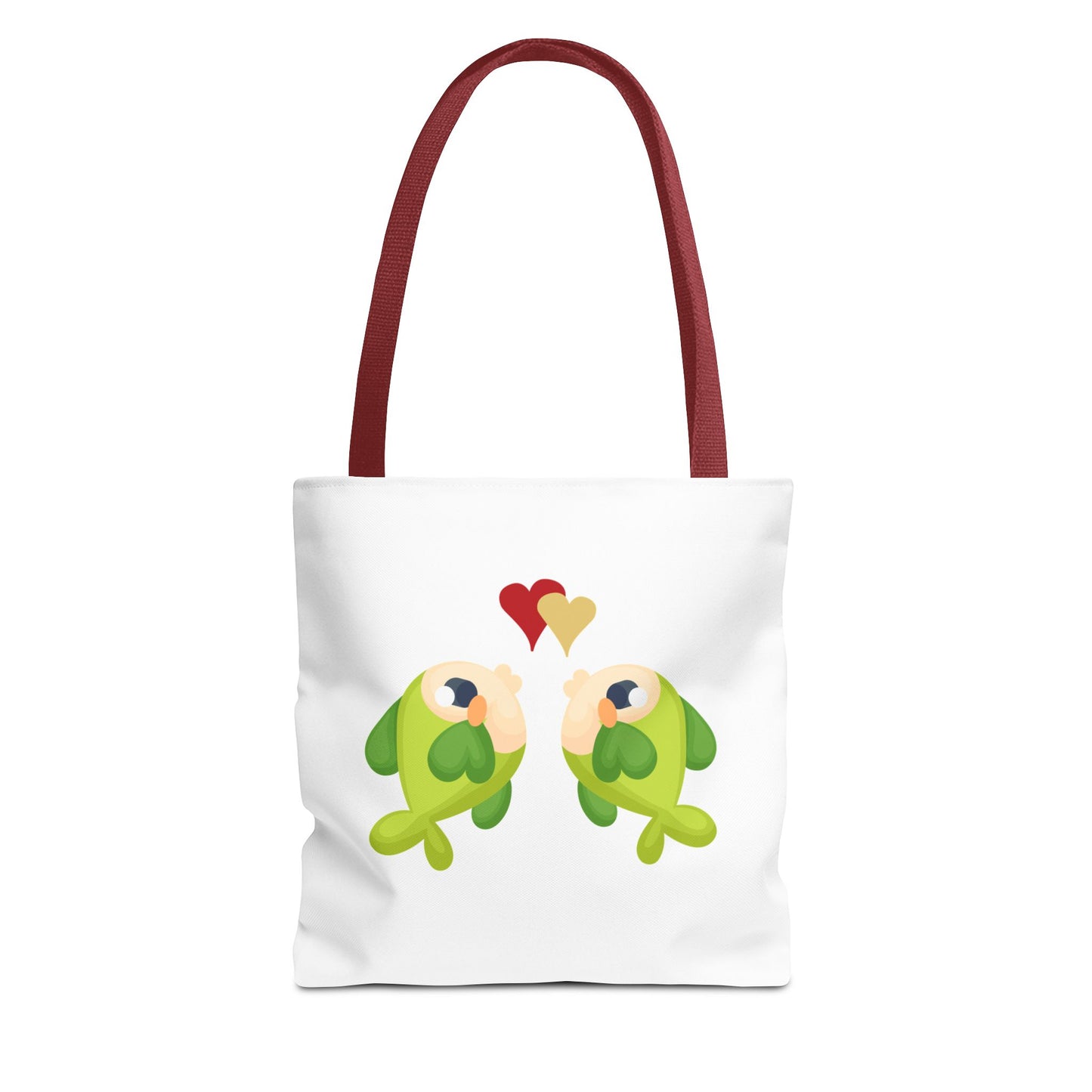 Two hearts float between the fish one red and one yellow. Tote Bag