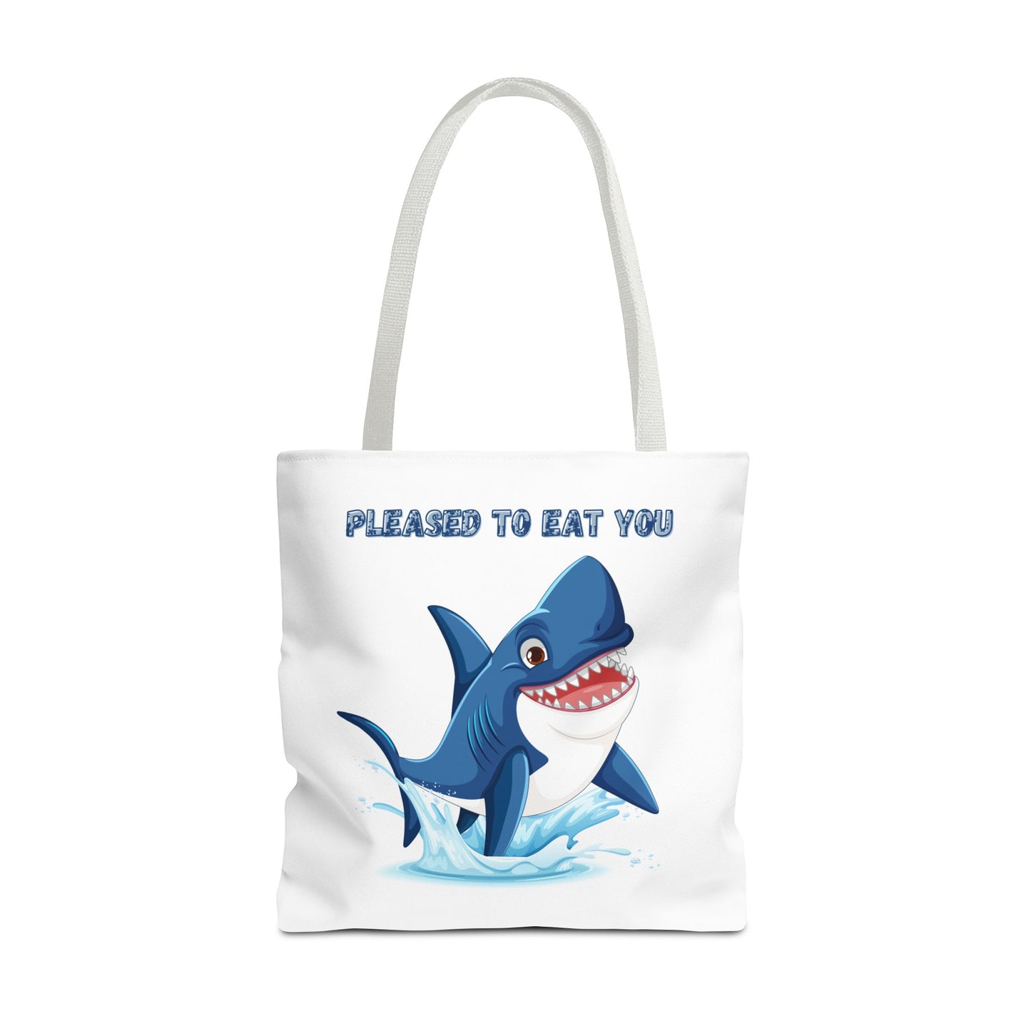 Humorous cartoon shark with threatening text Tote Bag