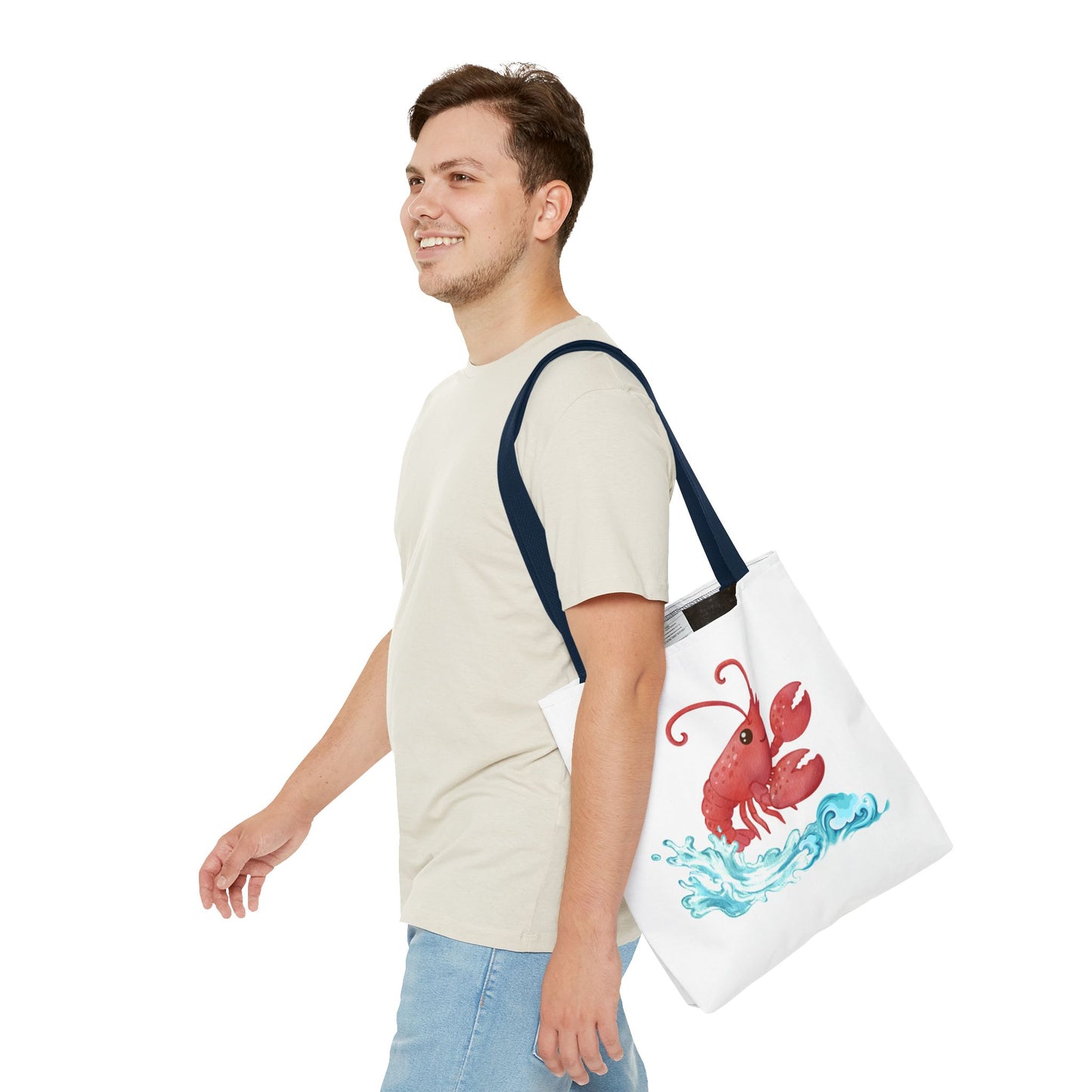 Cheerful red lobster emerging from stylized blue waves Tote Bag