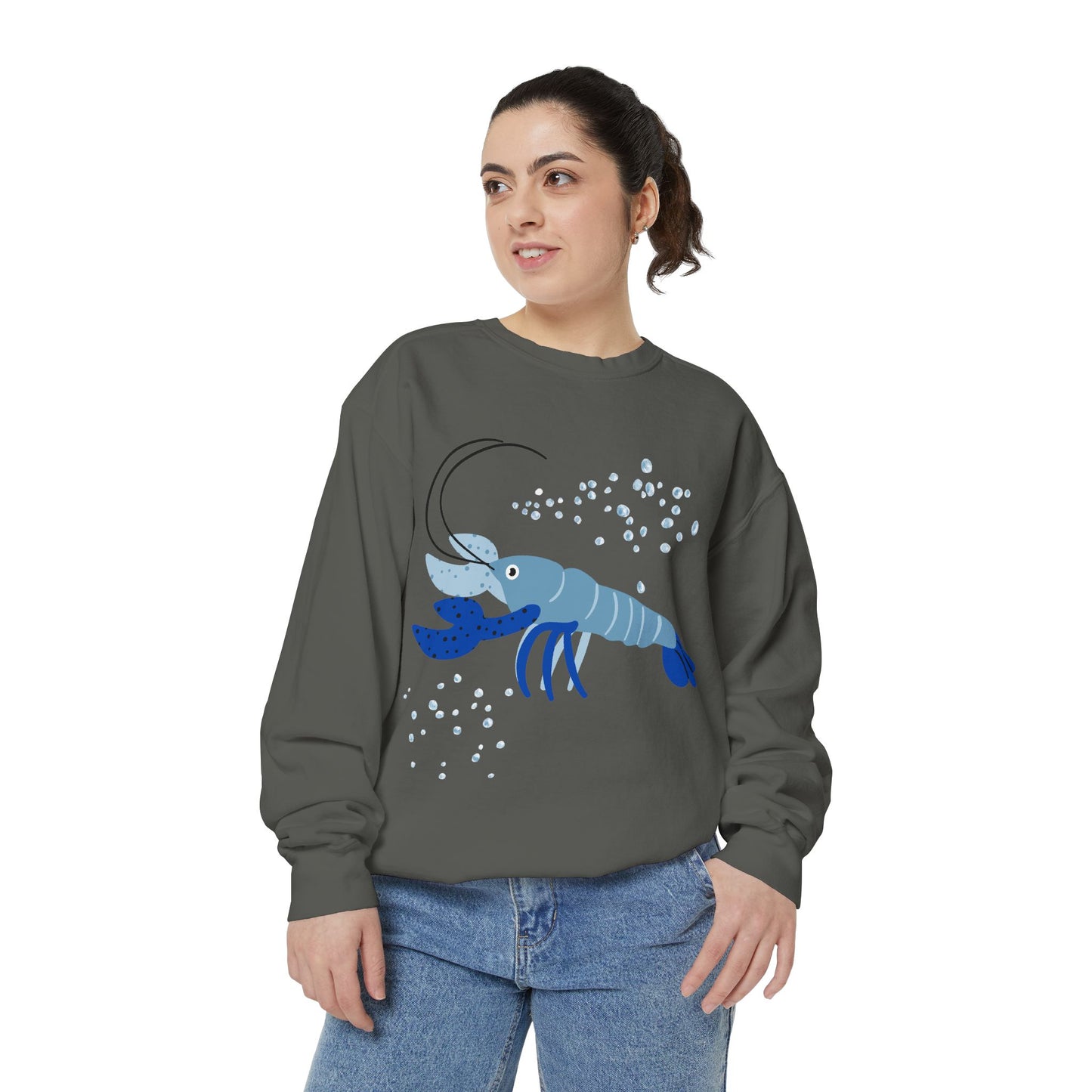 Blue shrimp with dark blue claws and bubbles Unisex Garment-Dyed Sweatshirt