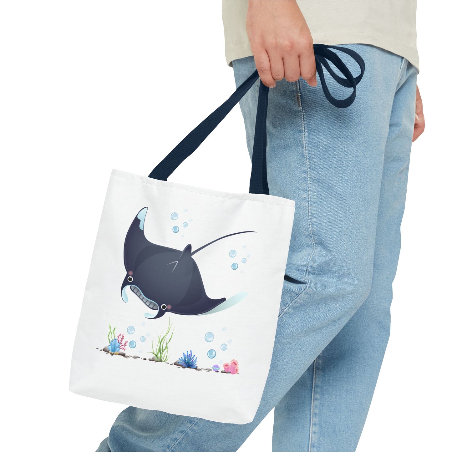 Manta ray with bubbles and coral reef Tote Bag