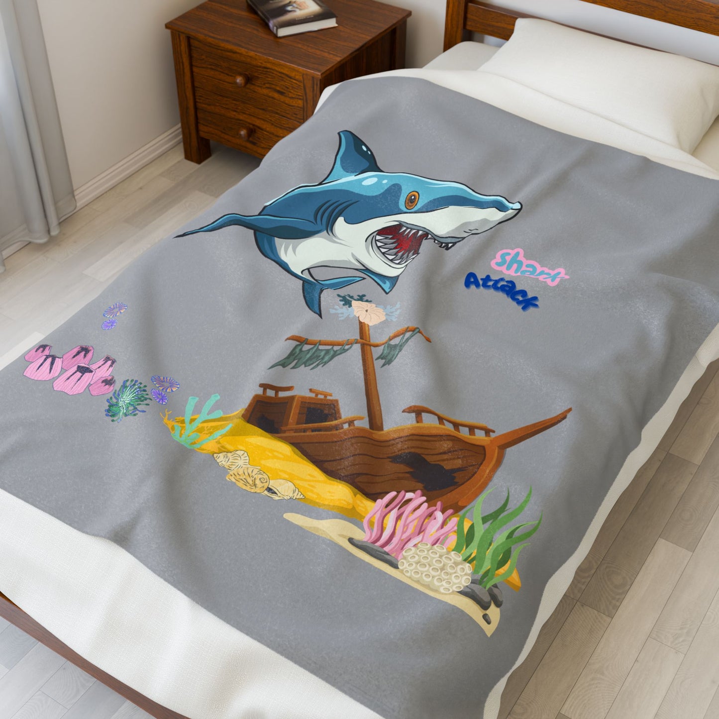 Shark ship colorful coral reef Velveteen Plush Blanket
