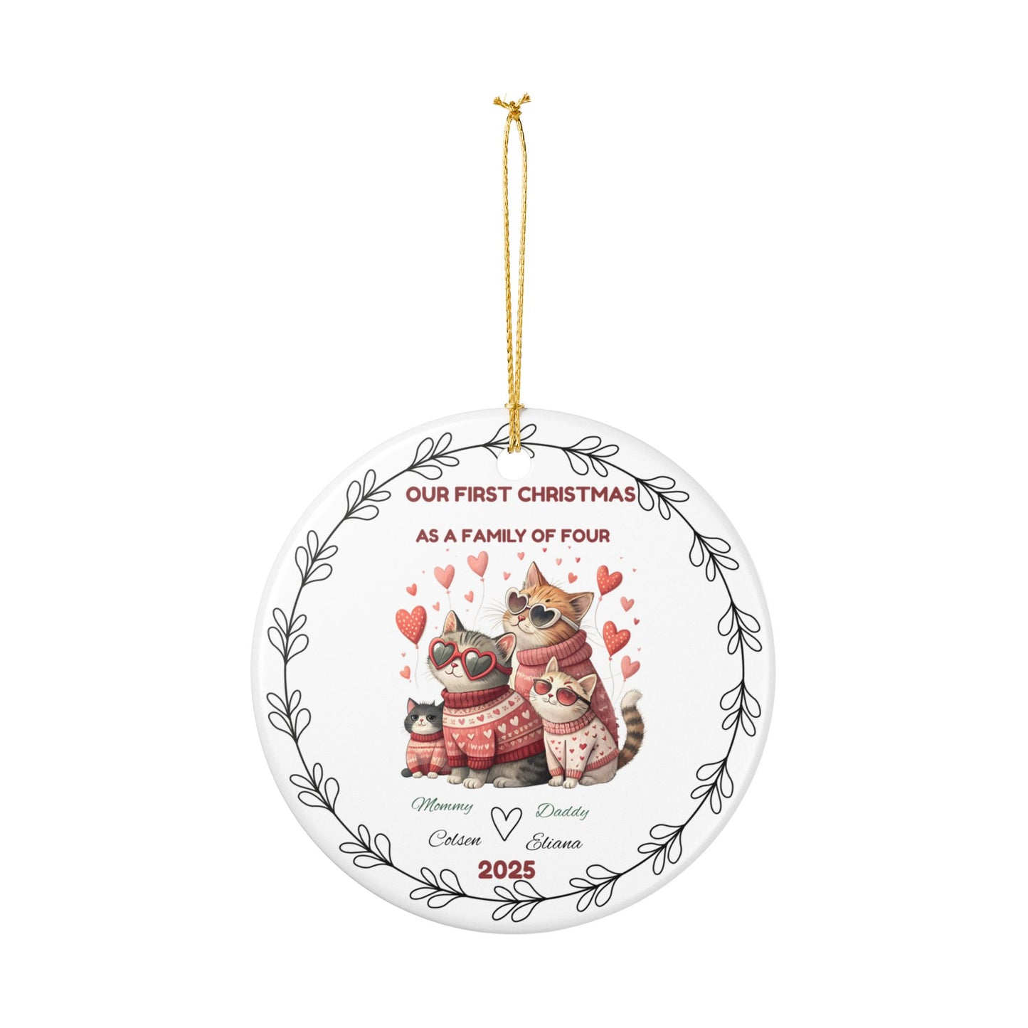 Cute Cat Family Christmas Ornament, Personalized Holiday Decoration, Family of Four Keepsake, Pet Lover Gift, Christmas Tree Decor