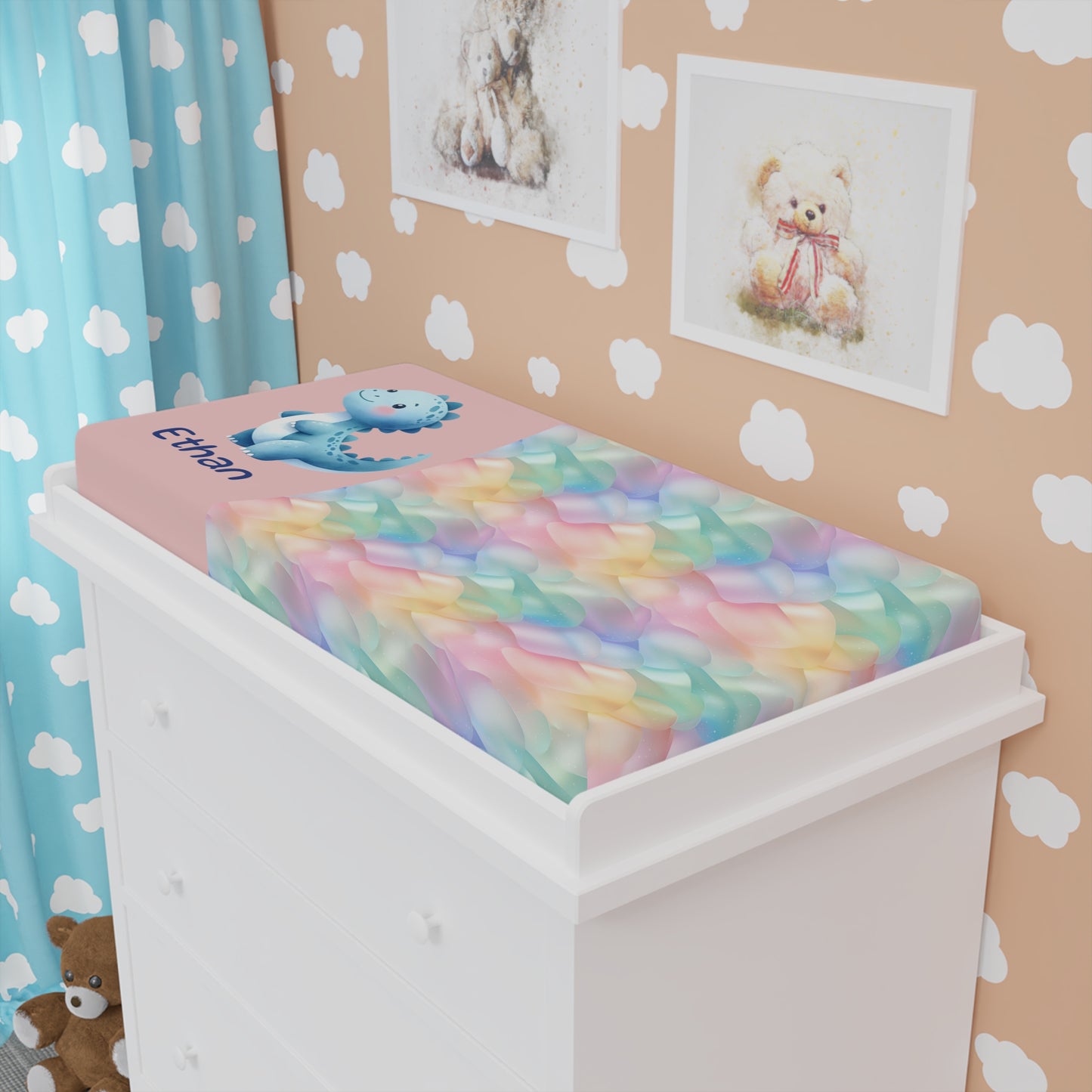Baby Changing Pad Cover — Personalized Pastel Dinosaur Nursery Cover (Name Customizable)