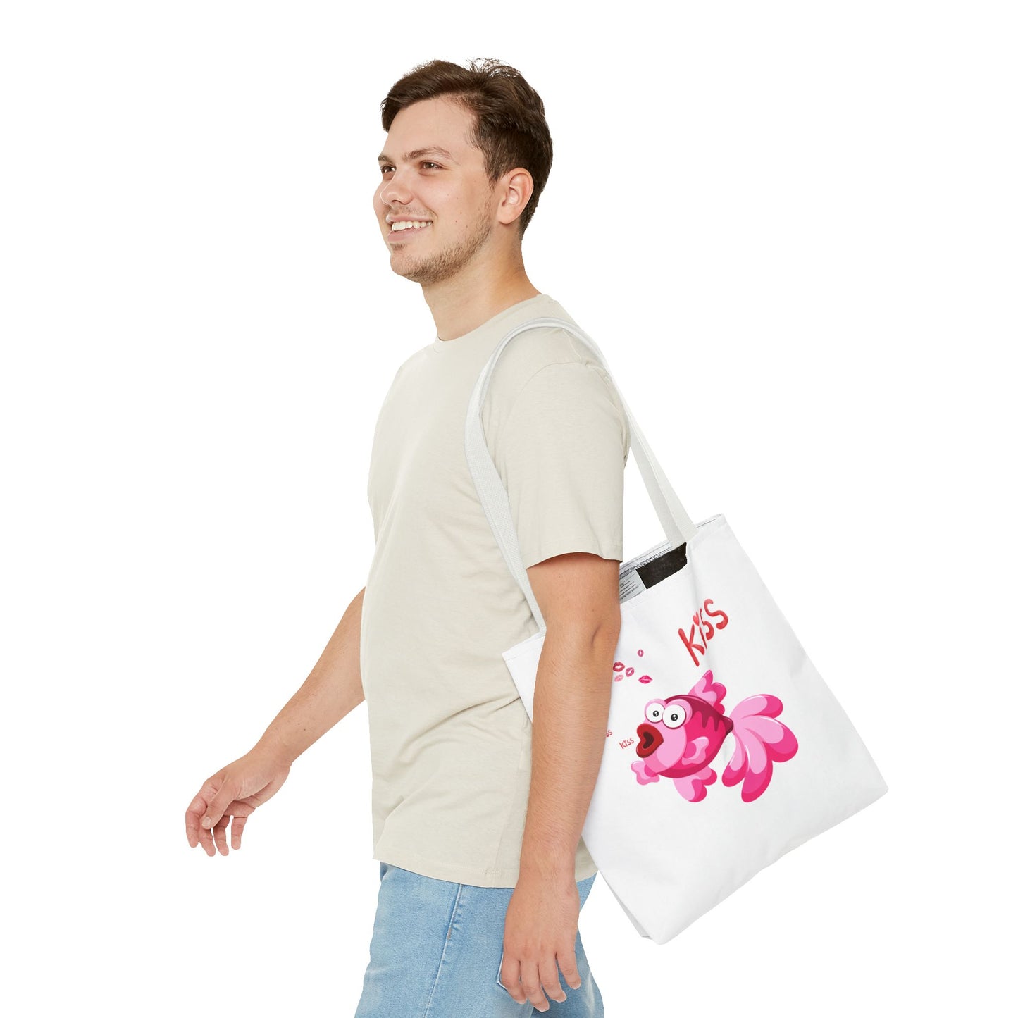 Pink fish with open mouth and kiss Tote Bag