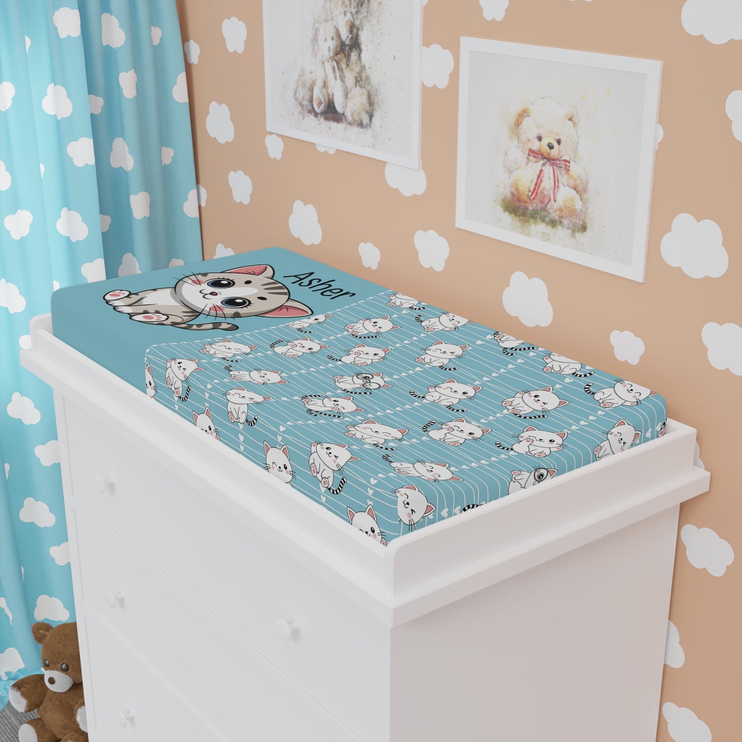 Blue Kitten Baby Changing Pad Cover — Personalized Name Nursery Accessory
