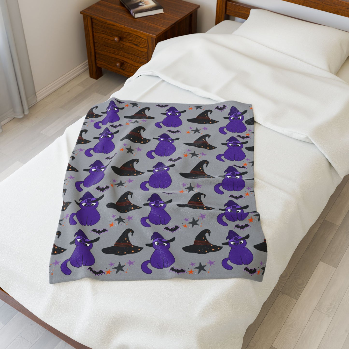 Cozy Halloween Velveteen Plush Blanket - Purple Cat Design, Soft Throw, Fall Decor, Gift for Cat Lovers, Spooky Season