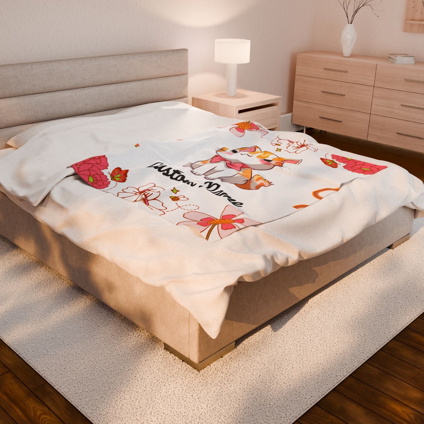 Custom Cat Plush Blanket, Personalized Velveteen Blanket for Kids, Cozy Cat Themed Gift, Baby Shower Blanket, Floral Comfort Throw
